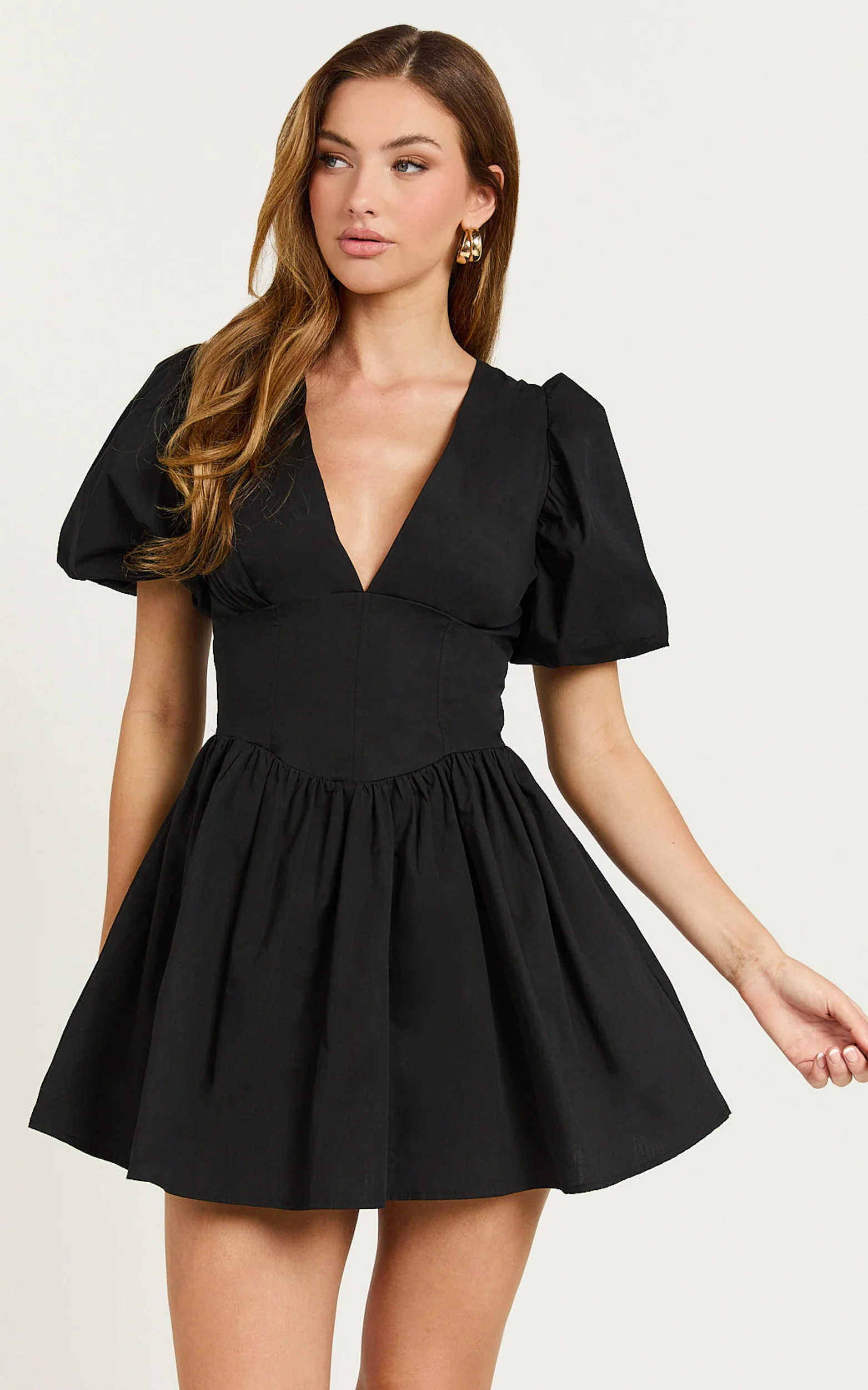 Nelli Mini Dress - Short Puff Sleeve Shirred Back Dress in Black - Image 3