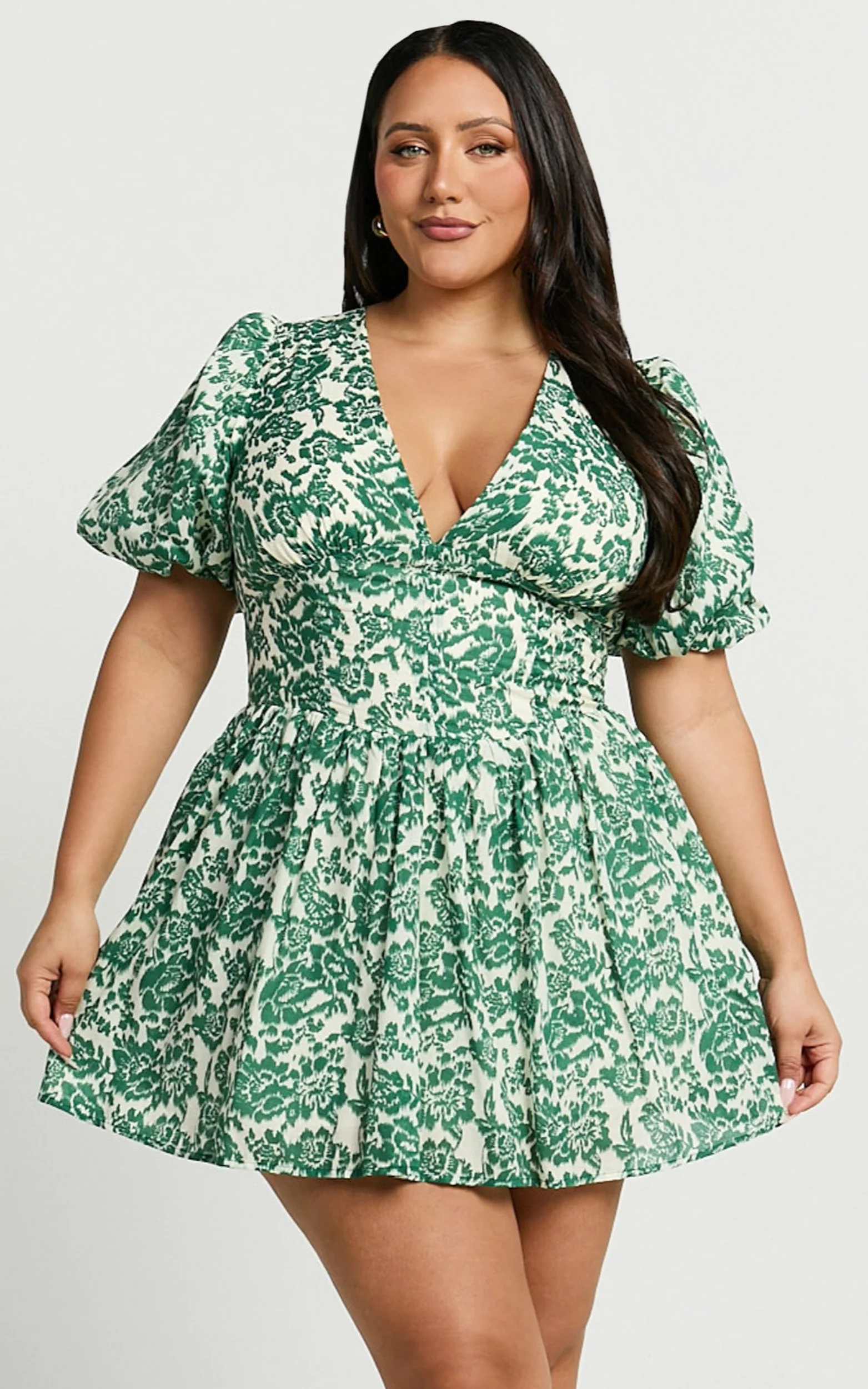 Nelli Mini Dress - Short Puff Sleeve Shirred Back Dress in Green Silhouette - Image 2