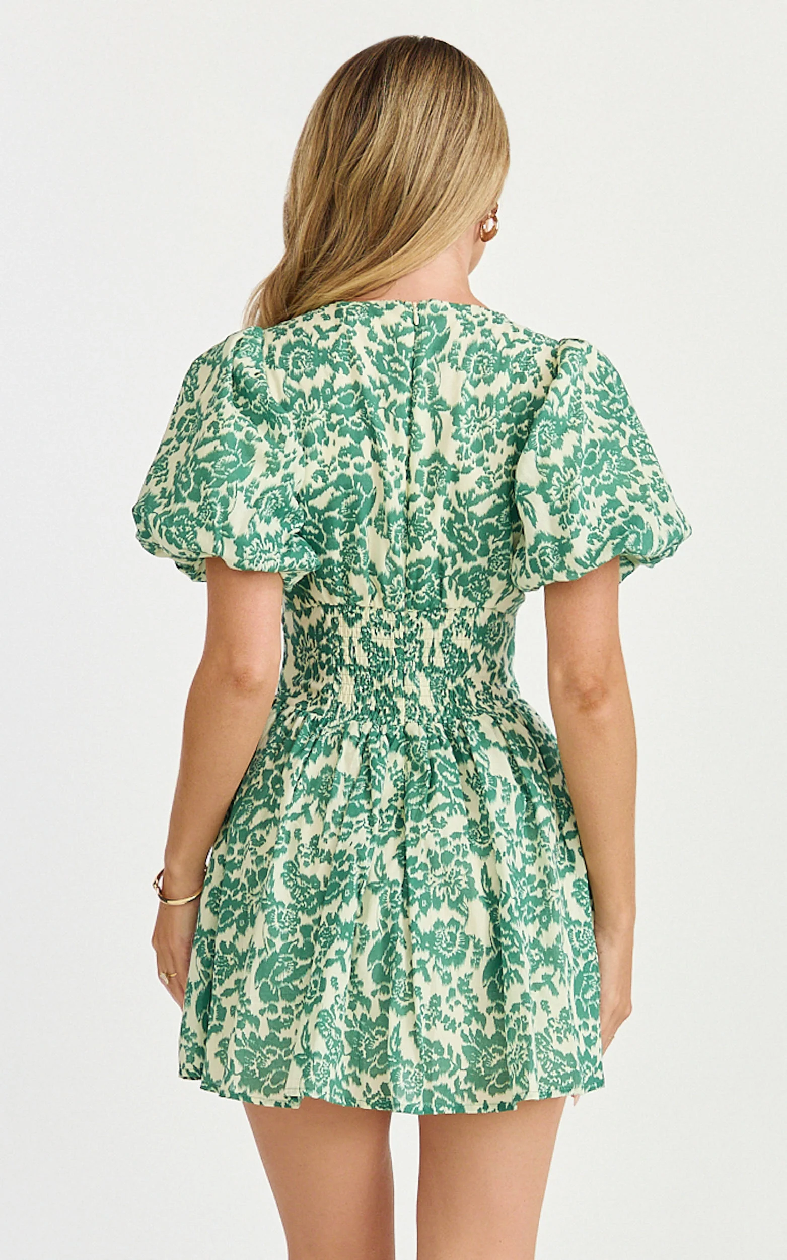 Nelli Mini Dress - Short Puff Sleeve Shirred Back Dress in Green Silhouette - Image 7