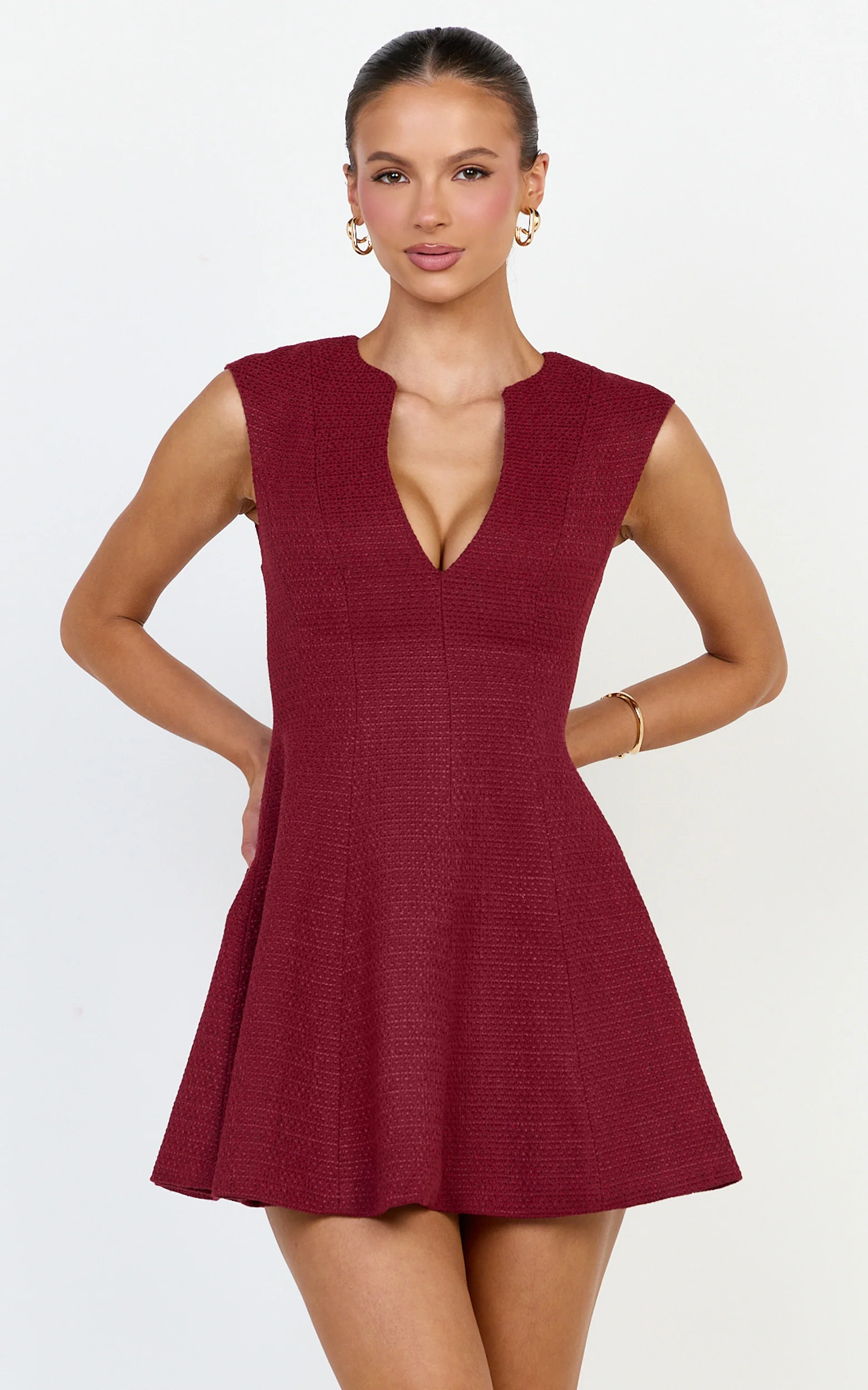 Nelson Mini Dress - Low Cut Boucle Fit & Flare Mini Dress in Wine - Image 3