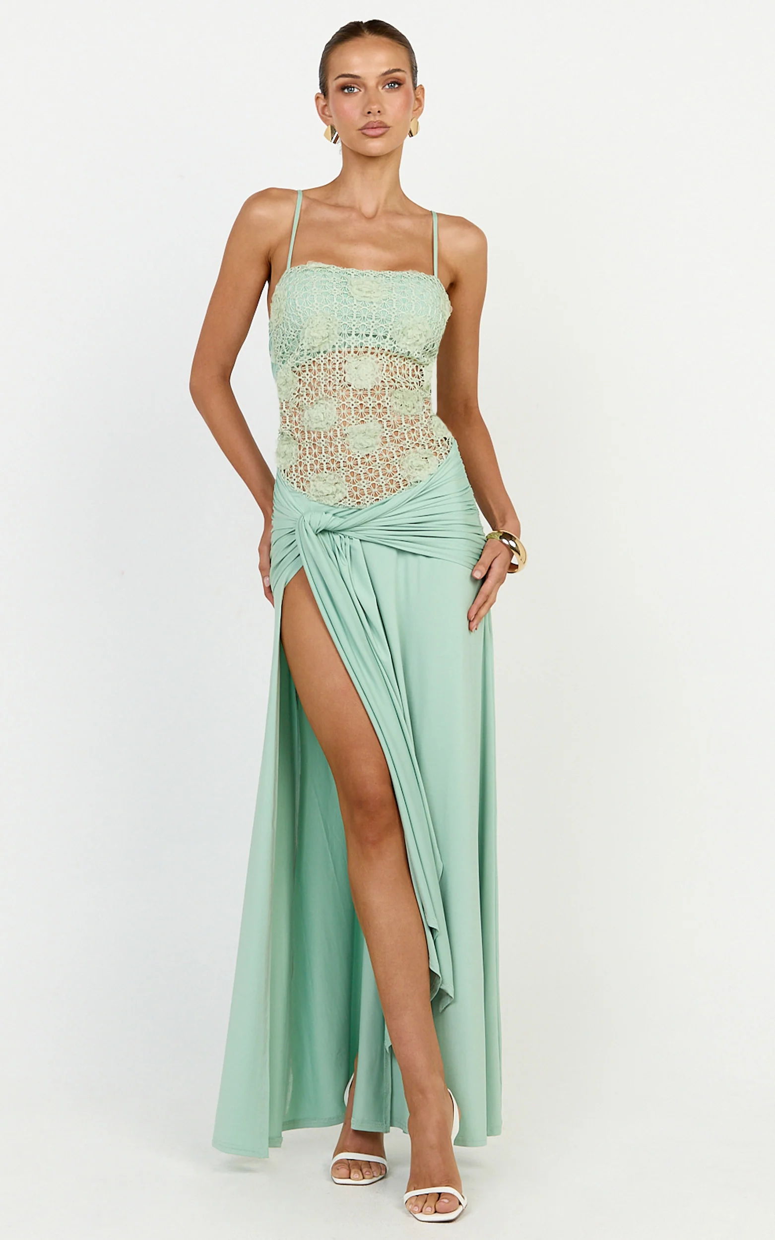 Nerissa Maxi Dress - Crochet Floral Embellished Bodice Drop Tie Waist Dress in Sage - Image 4