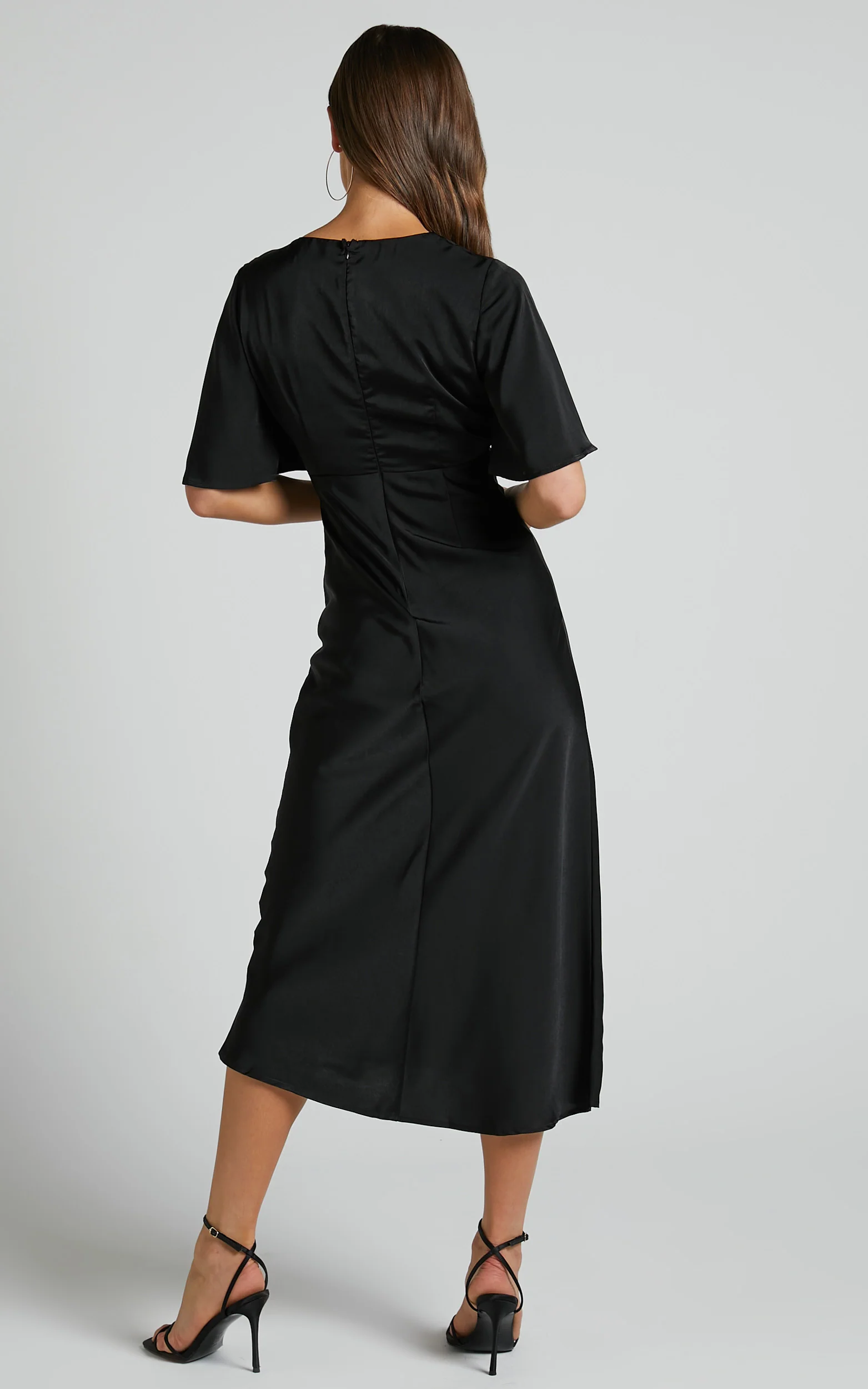Nicholla Midi Dress - Ruched Front Angel Sleeve Slip Dress in Black - Image 5