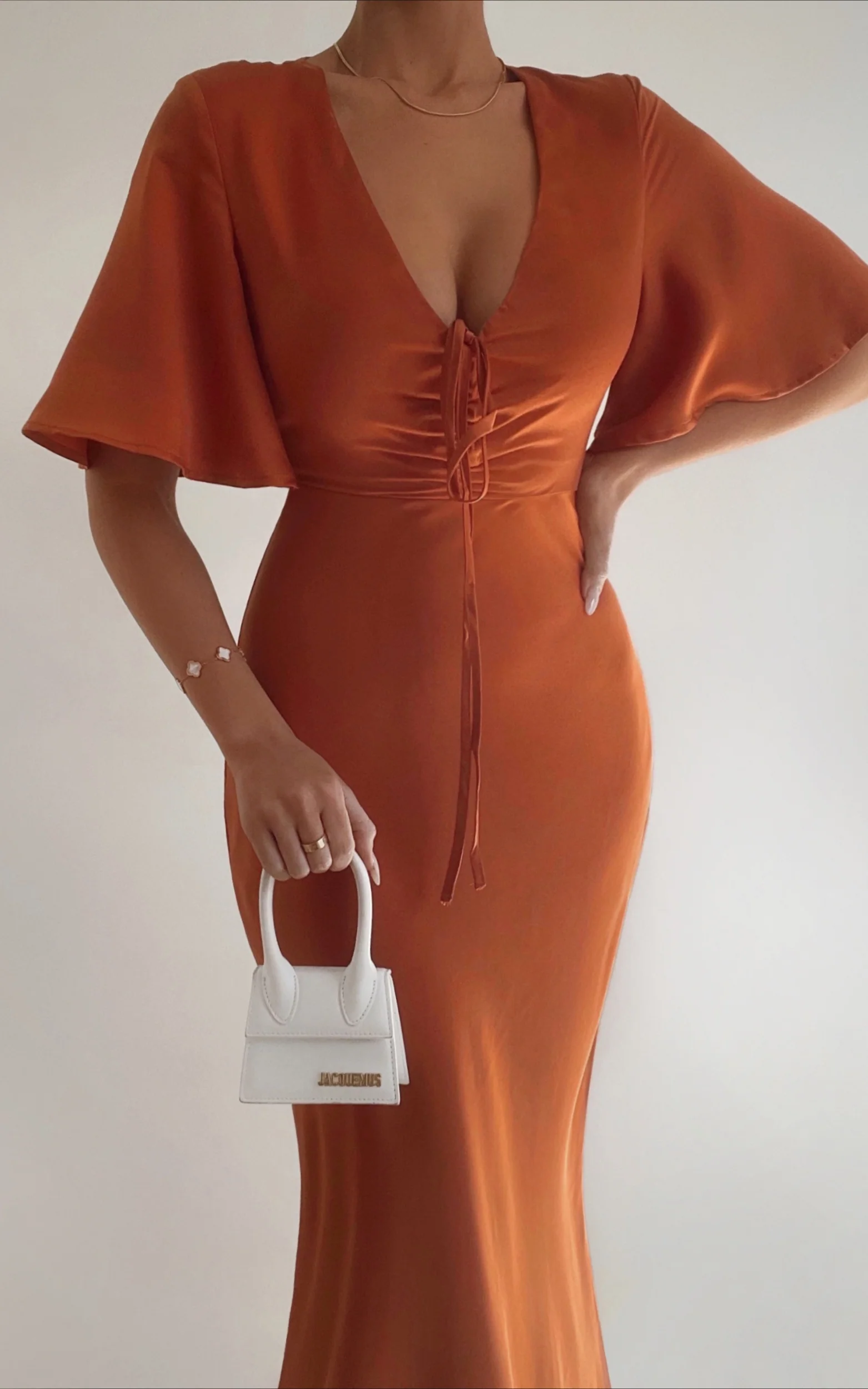 Nicholla Midi Dress - Ruched Front Angel Sleeve Slip Dress in Copper - Image 3