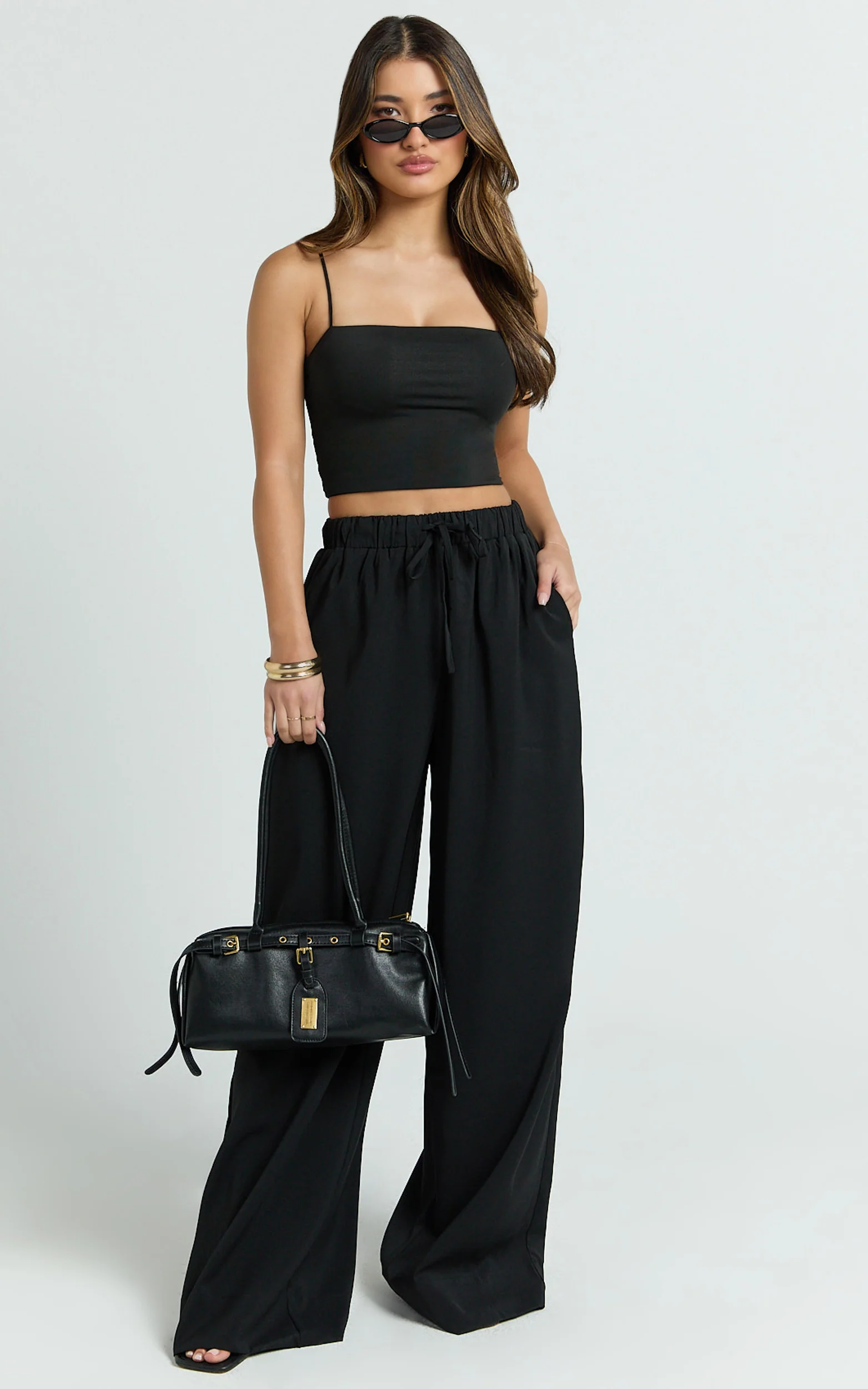 Nicole Pants - High Waist Elasticated Gathered Waist Wide Leg Pants in Black - Image 5