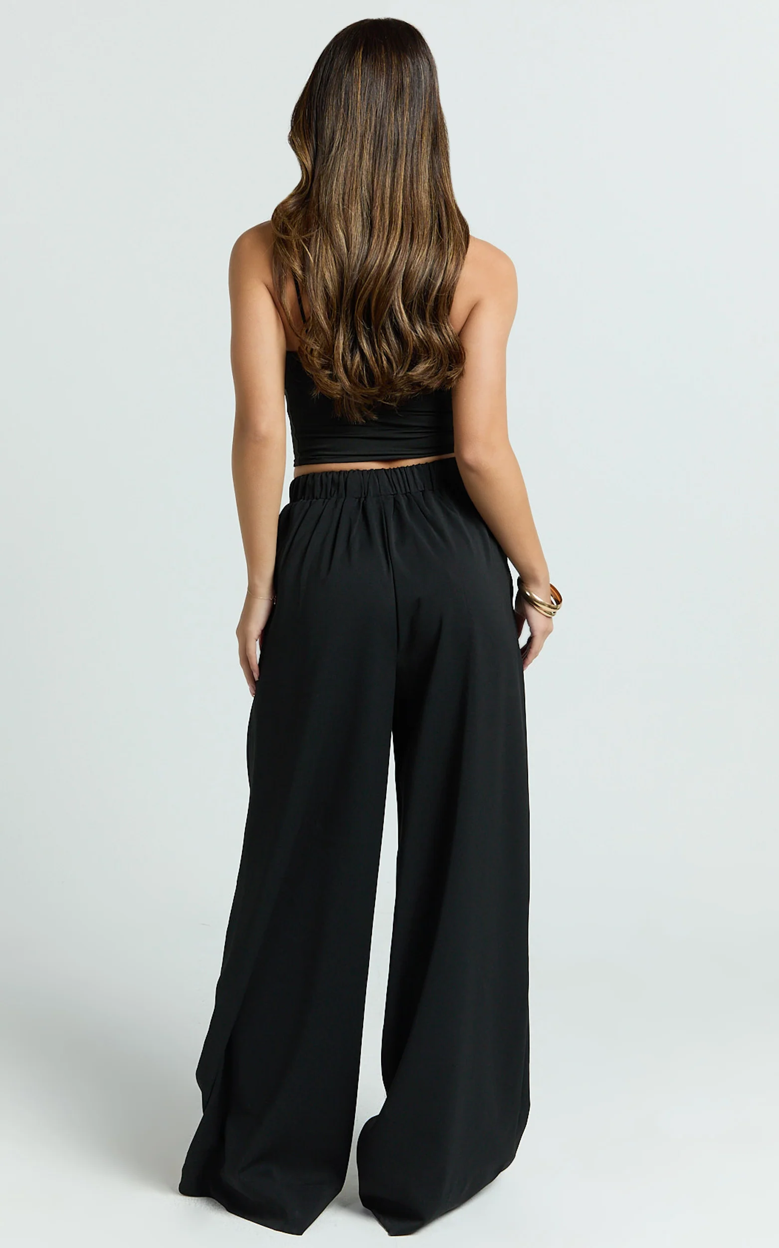 Nicole Pants - High Waist Elasticated Gathered Waist Wide Leg Pants in Black - Image 6
