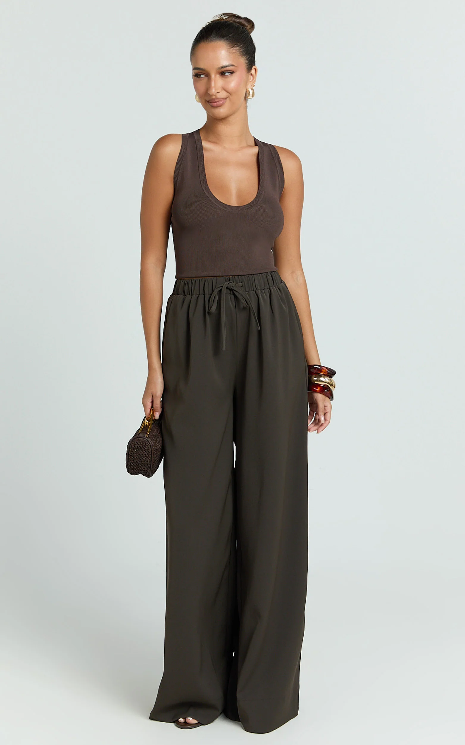 Nicole Pants - High Waist Elasticated Gathered Waist Wide Leg Pants in Chocolate - Image 5