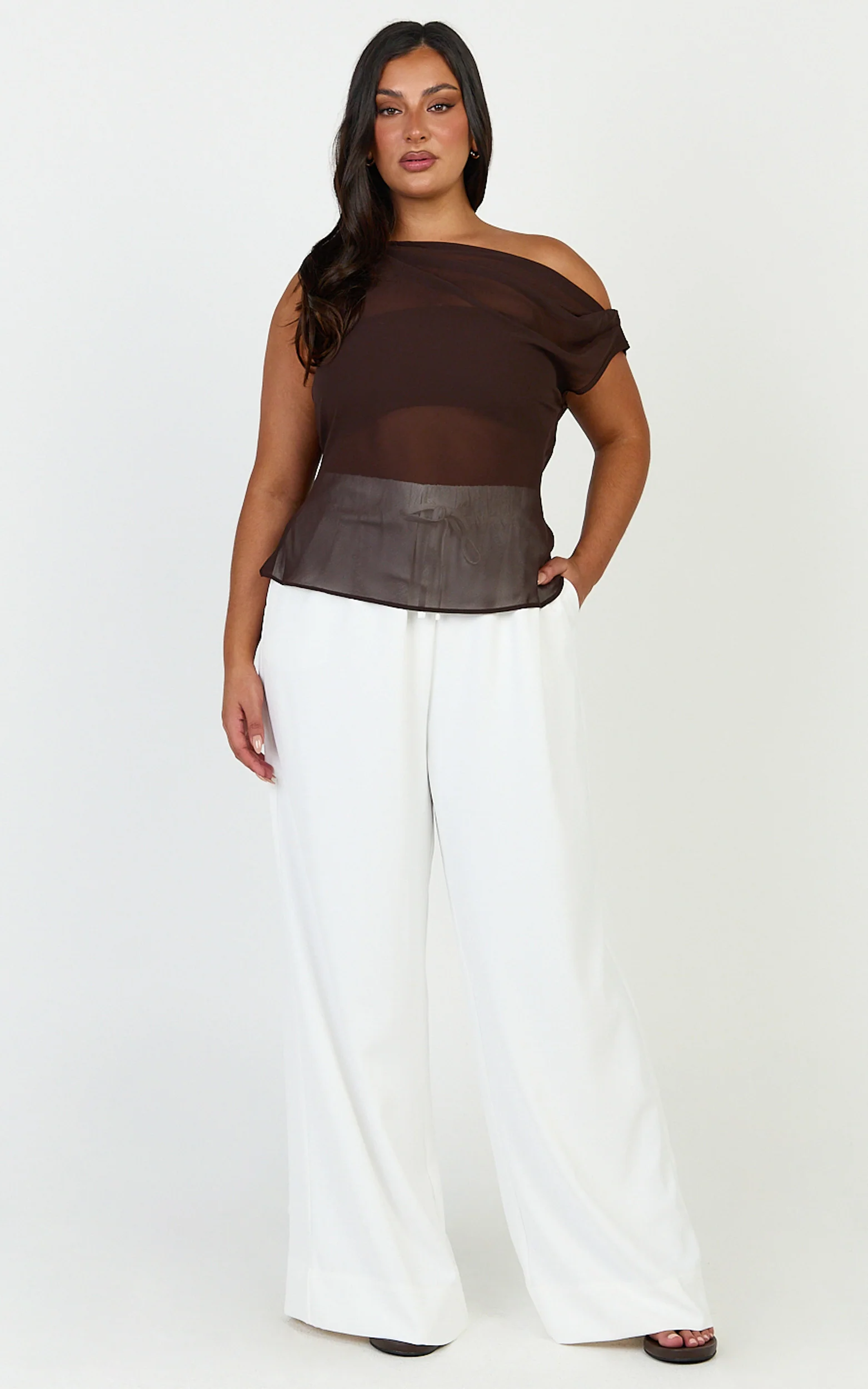 Nicole Pants - High Waist Elasticated Gathered Waist Wide Leg Pants in White - Image 3