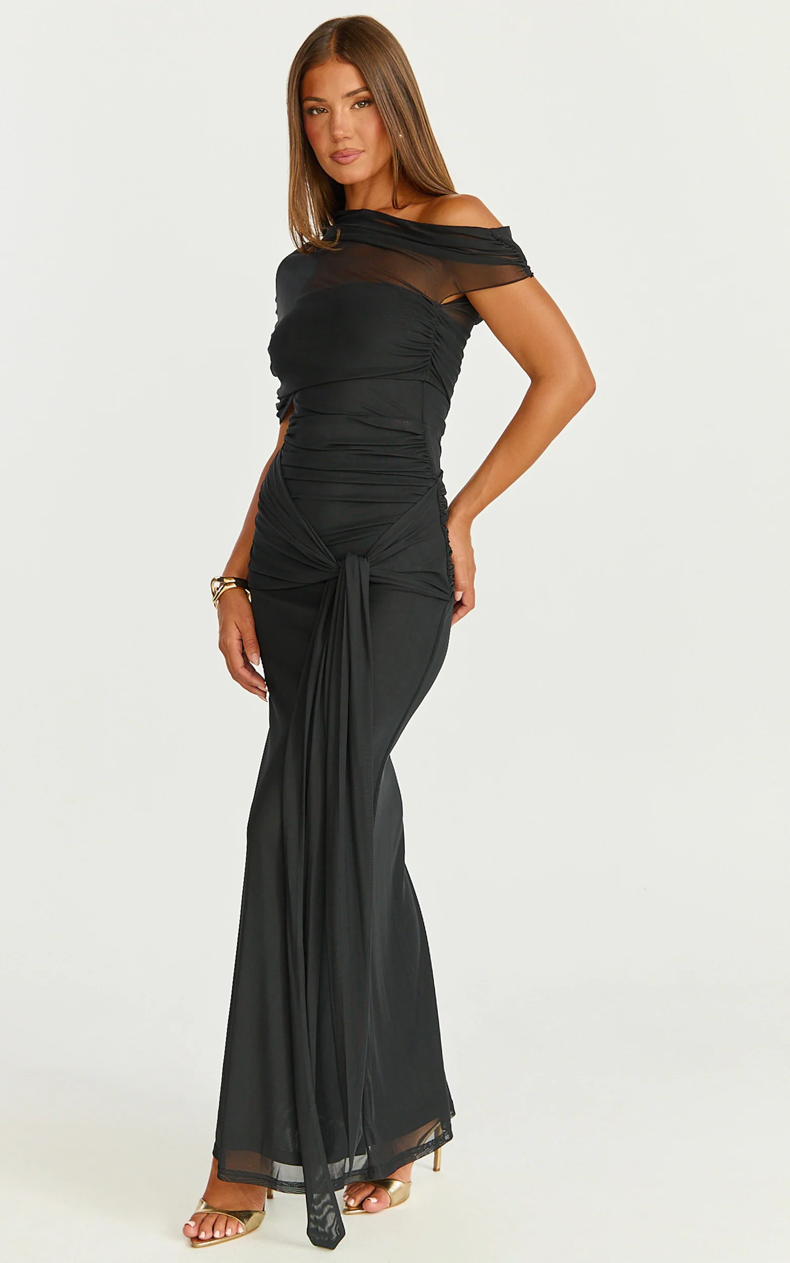 Nicolette Maxi Dress - Cape Sleeve Off Shoulder Dress in Black - Image 3