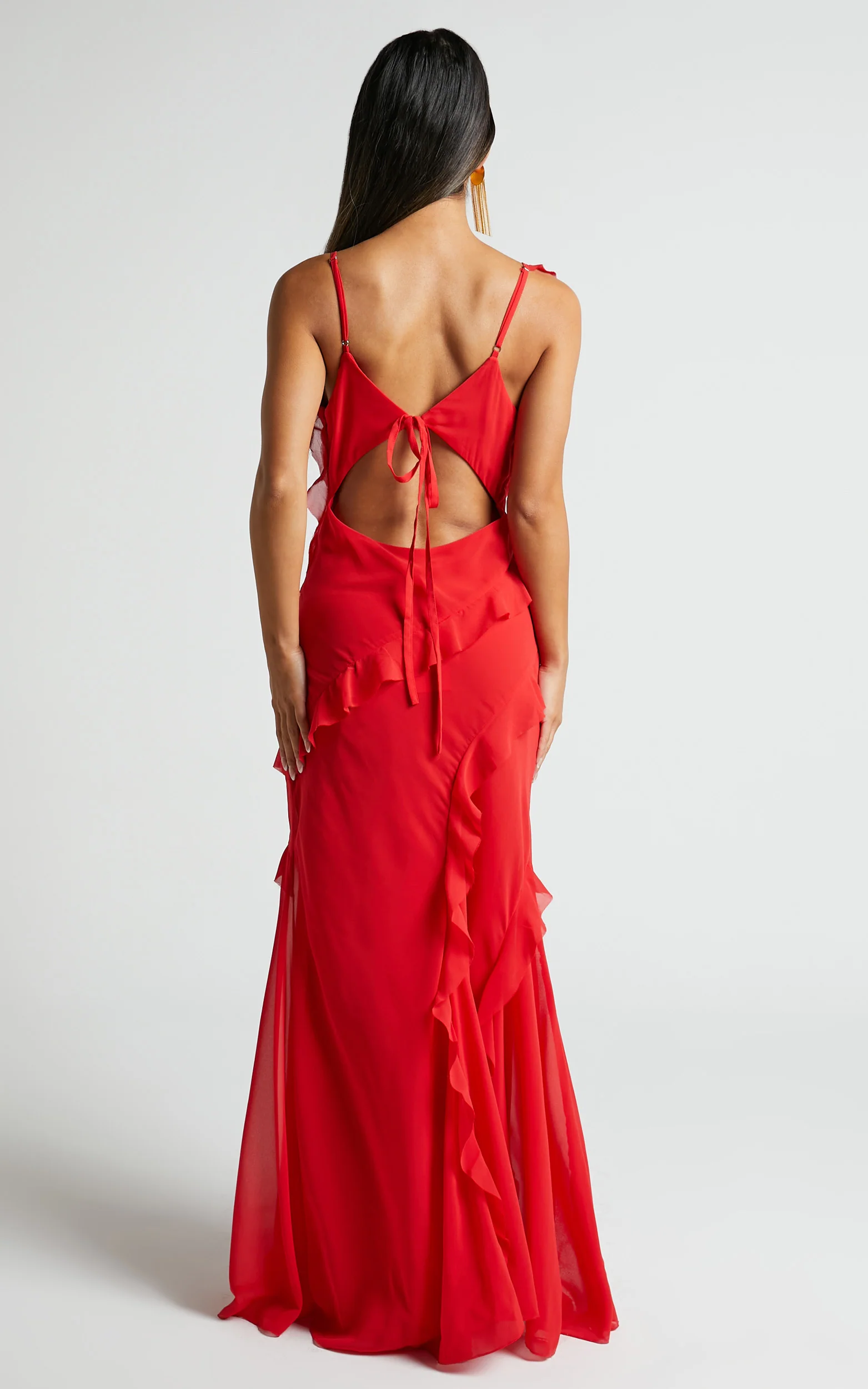 Nitha Maxi Dress - Asymmetrical Frill Thigh Split Dress in Red - Image 6