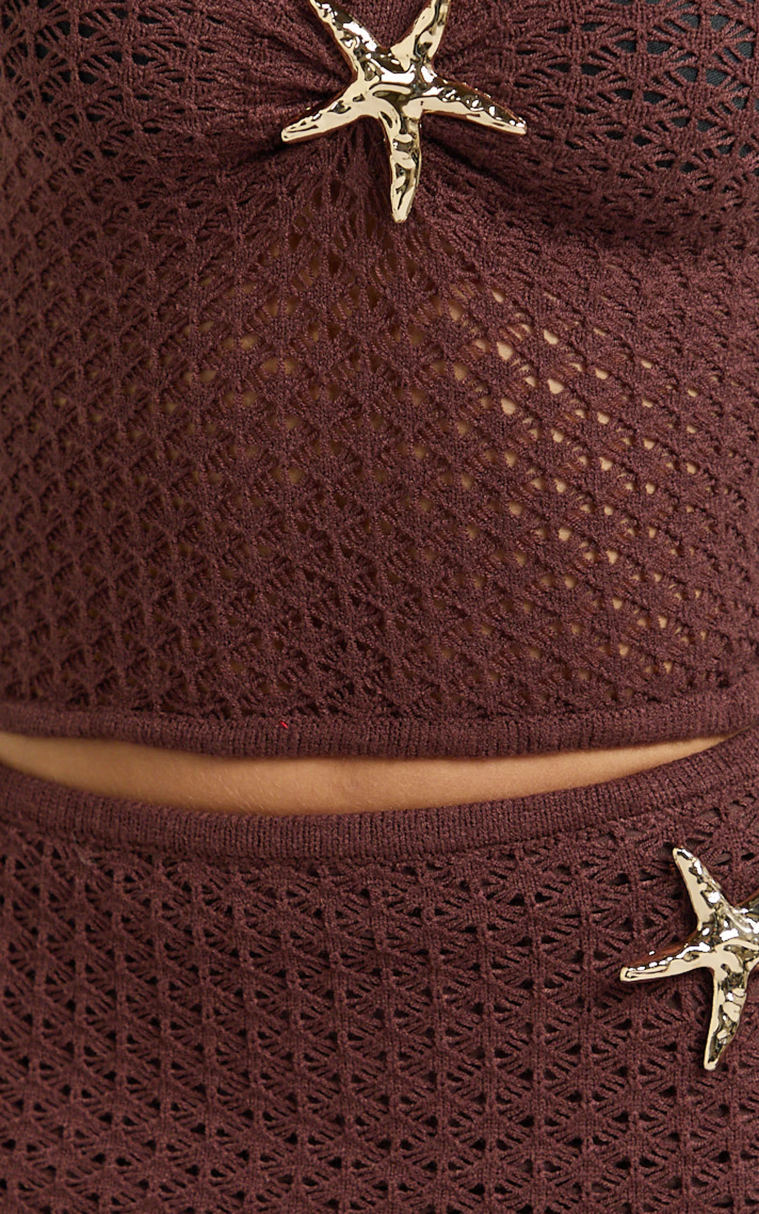 Noa Two Piece Set - Knit Starfish Strapless Top and Maxi Skirt Set in Brown - Image 6