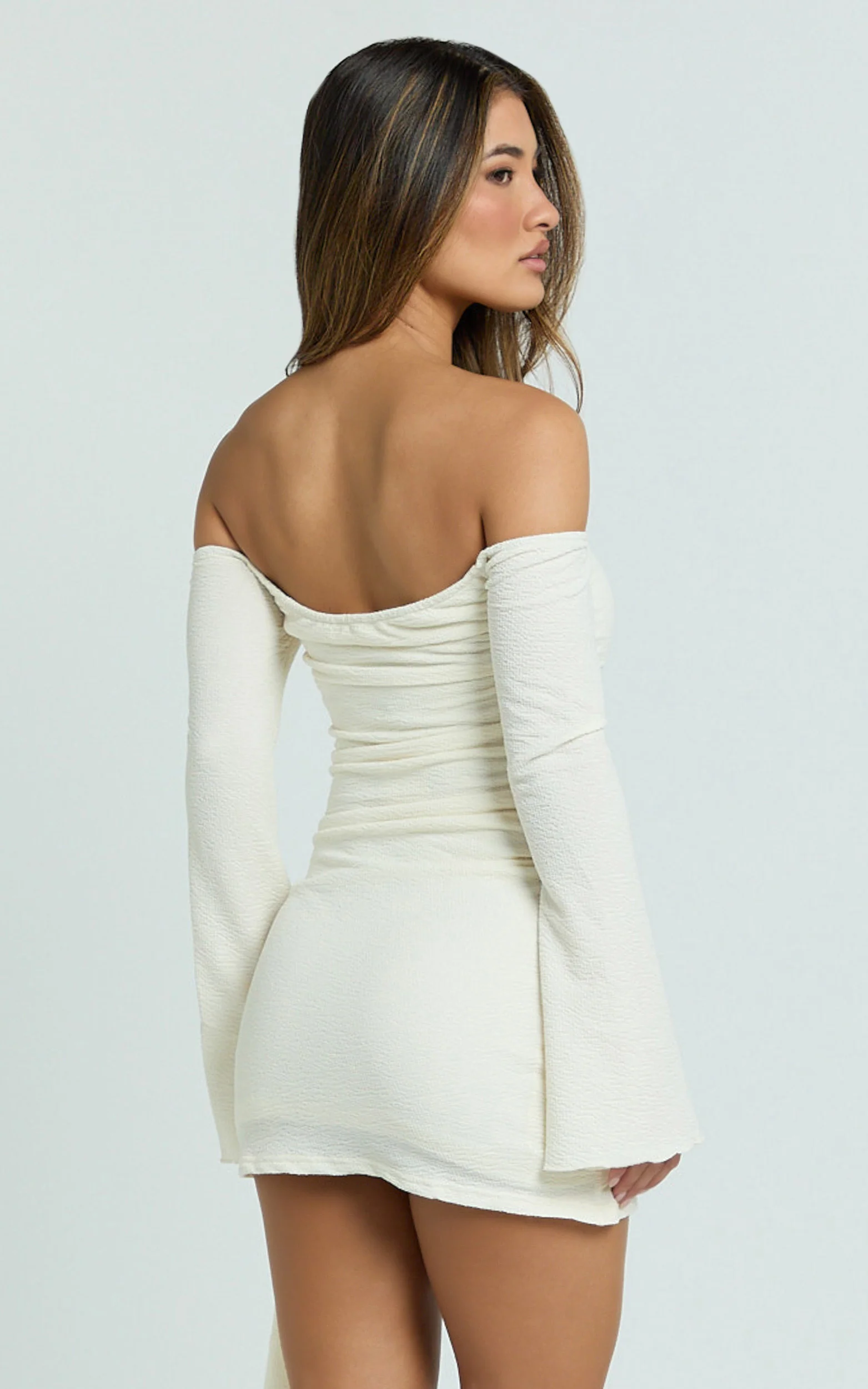 Noah Mini Dress - Off Shoulder Draped Skirt Jersey Dress in Cream - Image 9