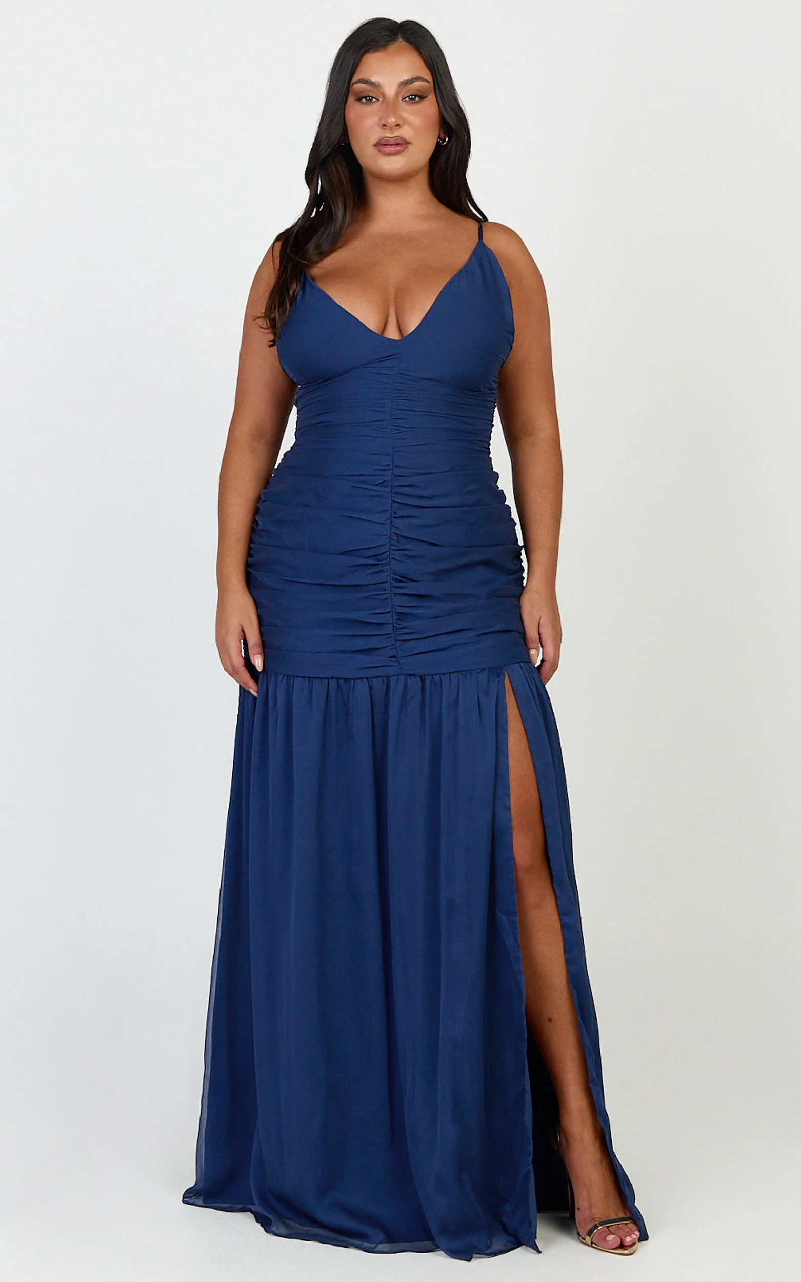 Oceane Maxi Dress - Plunge Neckline Gathered Chiffon Dress in Navy - Image 6