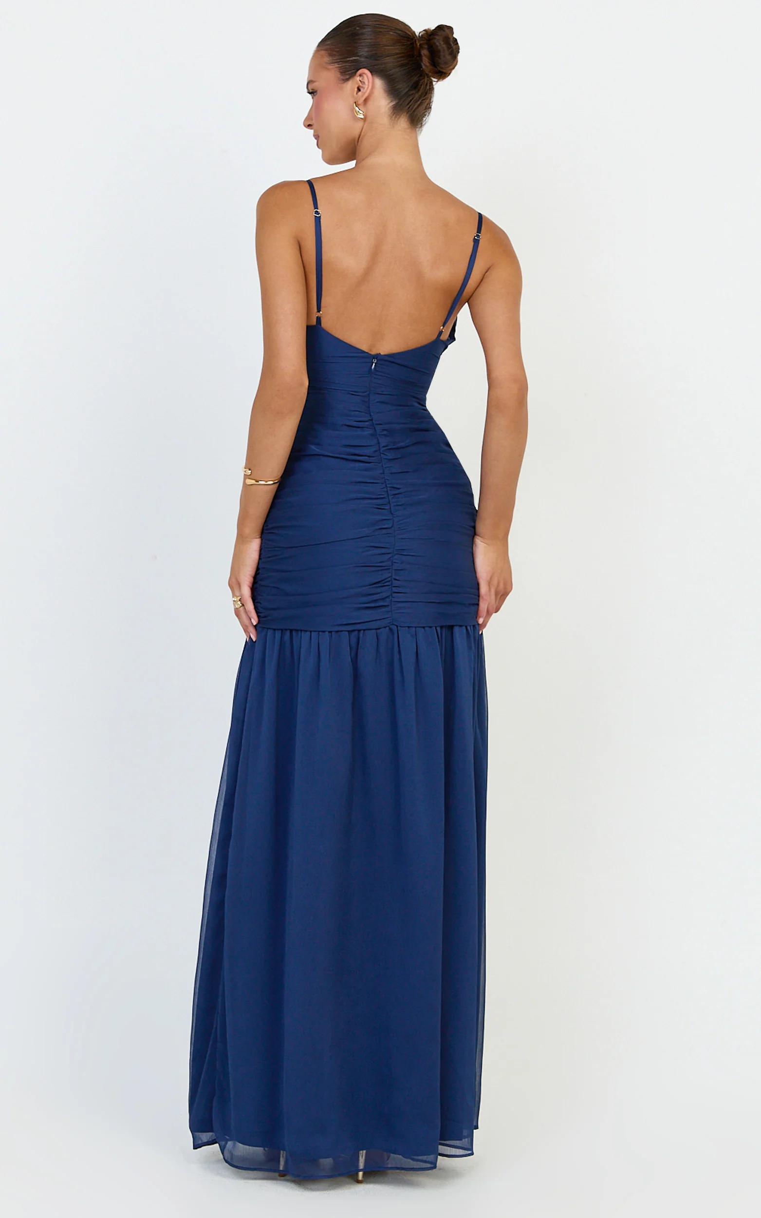 Oceane Maxi Dress - Plunge Neckline Gathered Chiffon Dress in Navy - Image 8