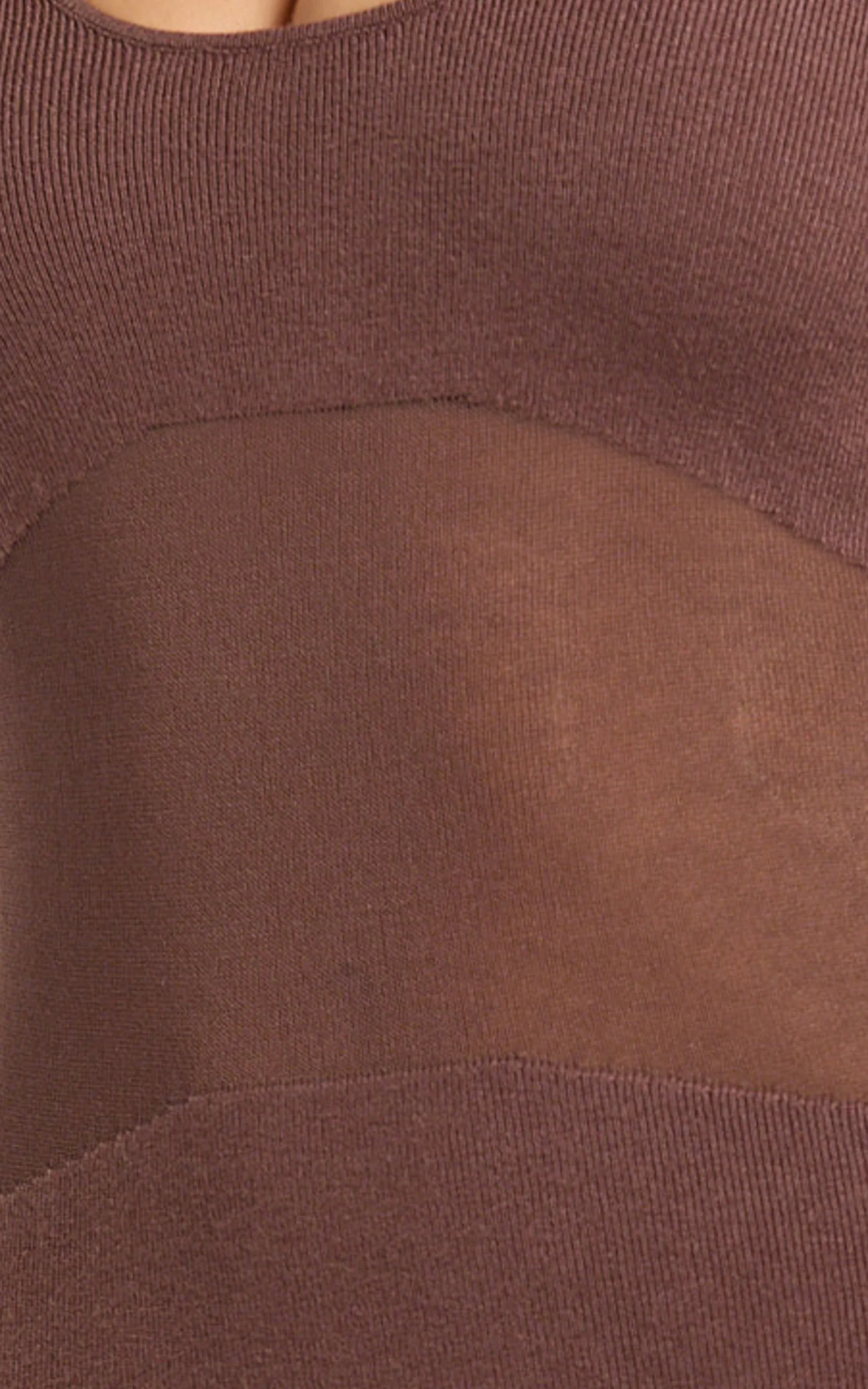 Odessa Midi Dress - U Neck Long Fitted Sleeve Sheer Waist Fitted Knit Dress in Chocolate - Image 7
