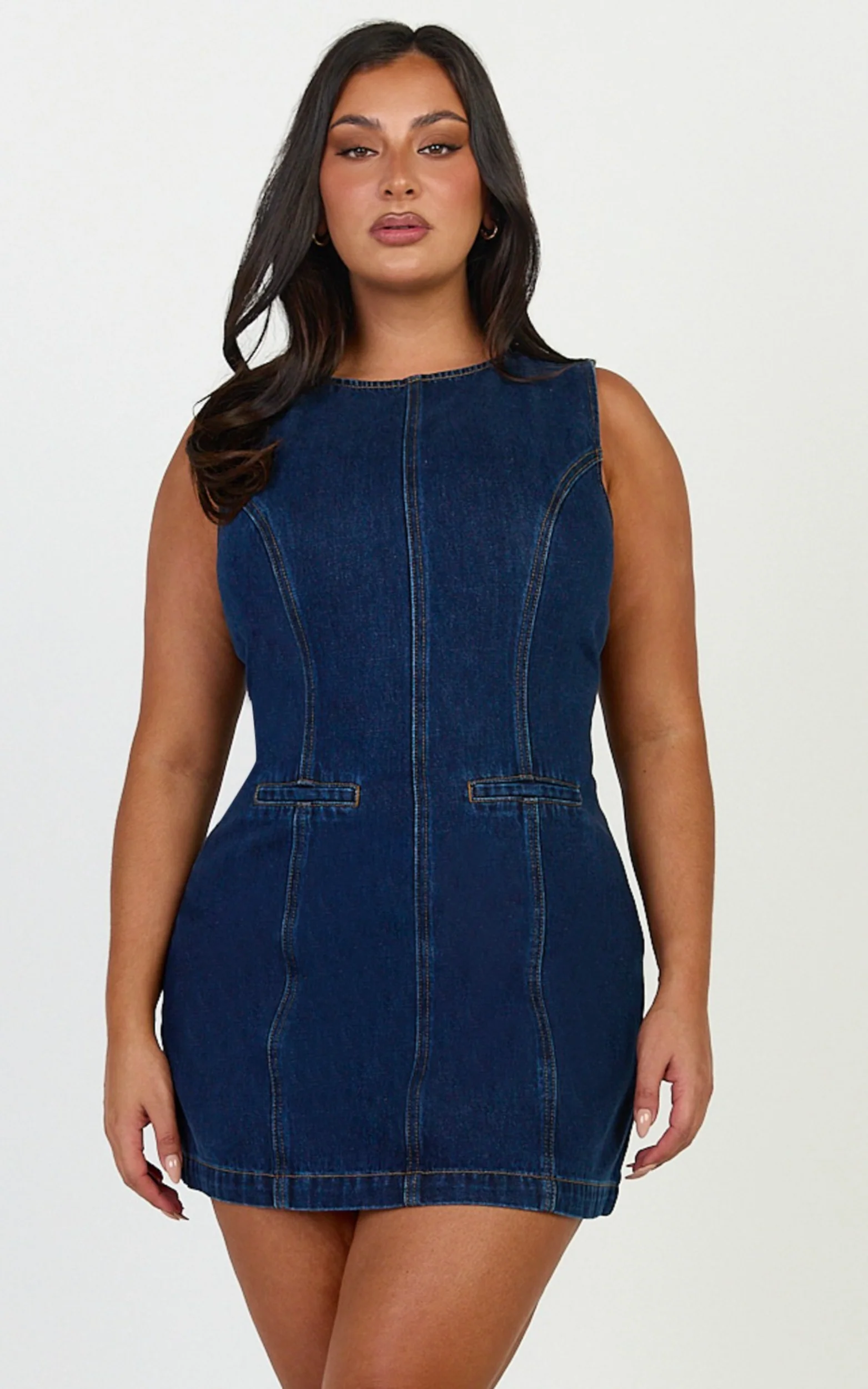 Olenna Mini Dress - High Neck Fitted Denim Dress in Indigo Wash - Image 2