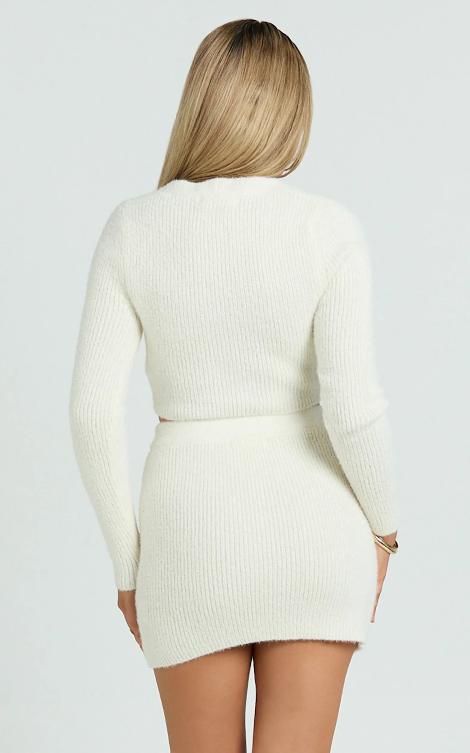 Oliver Two Piece Set - Long Sleeve Fluffy Knit Button Down Crop Top And Mini Skirt Set in Cream - Image 6