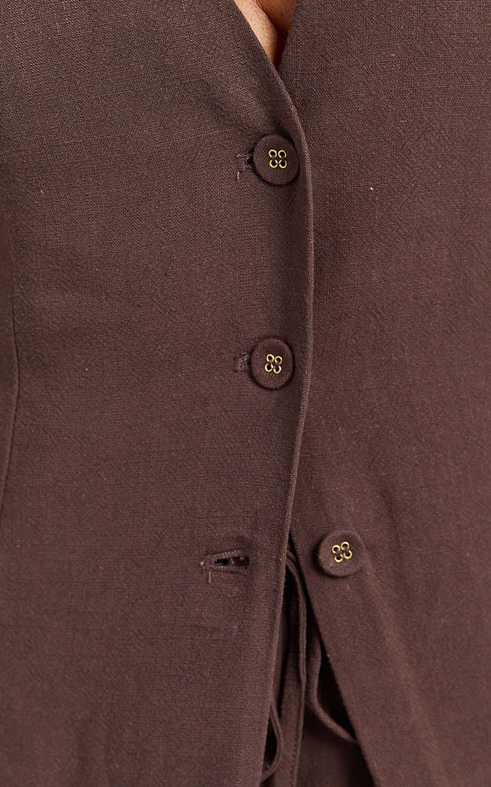 Olivia Top - Longline Linen V Neck Back Tie Vest Top in Chocolate - Image 9
