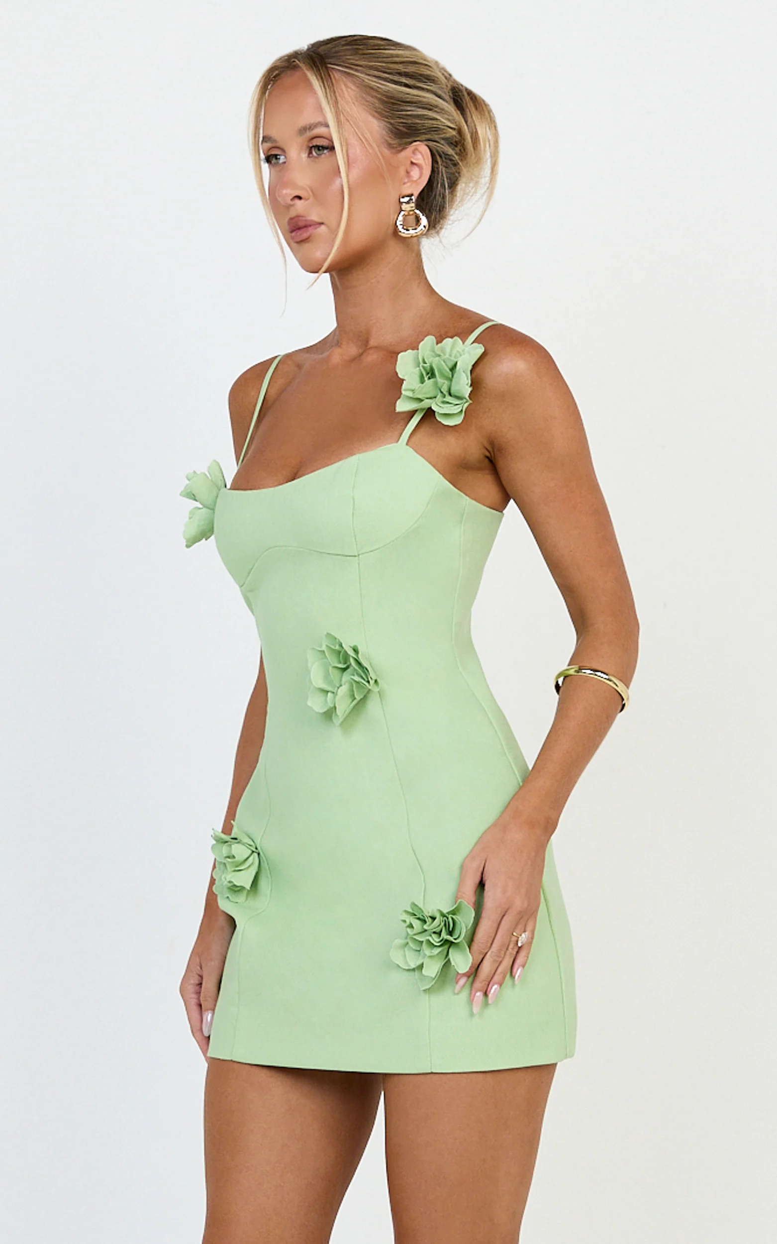 Ondine Mini Dress - 3D Floral Strappy Dress in Apple Green - Image 3