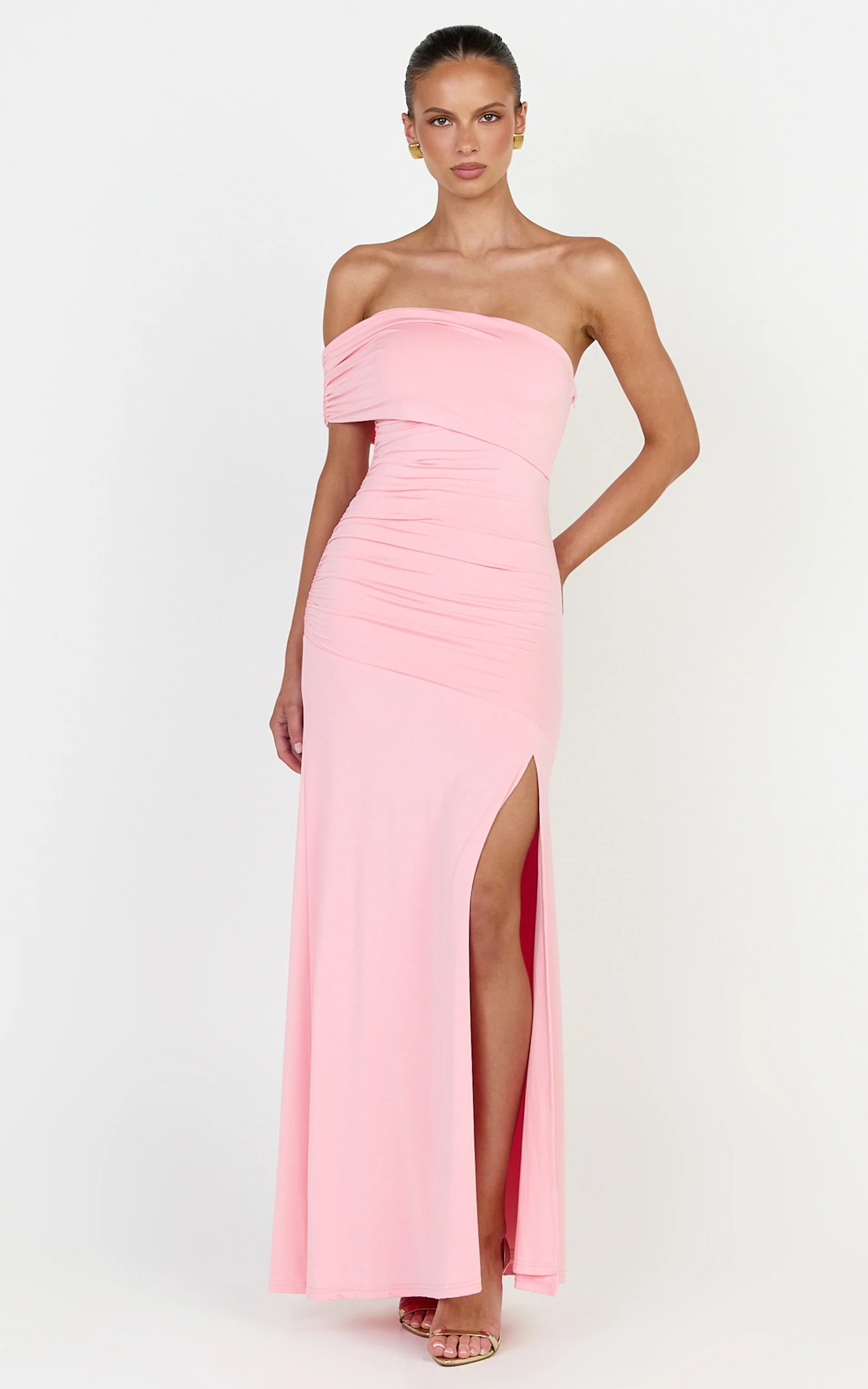 Opal Maxi Dress - Off Shoulder Gathered Bodice Fit And Flare Dress in Pink - Image 4