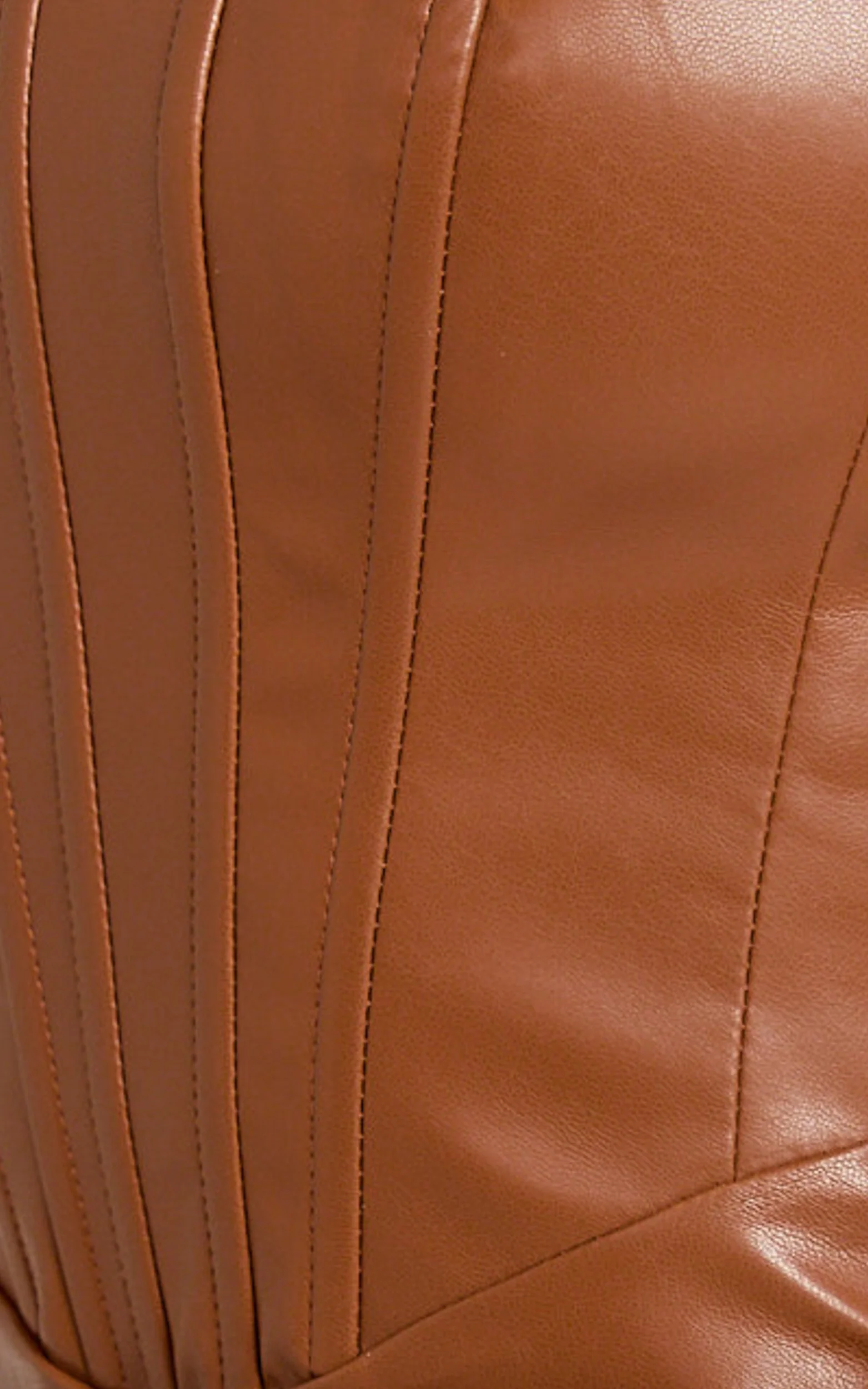 Orlando Midi Dress - Faux Leather Strapless Draped Waist Dress in Camel - Image 9