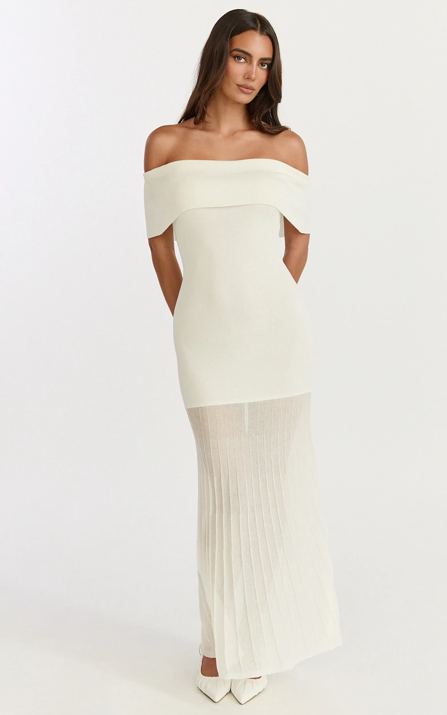 Paige Maxi Dress - Off The Shoulder Pleated Skirt Dress in White