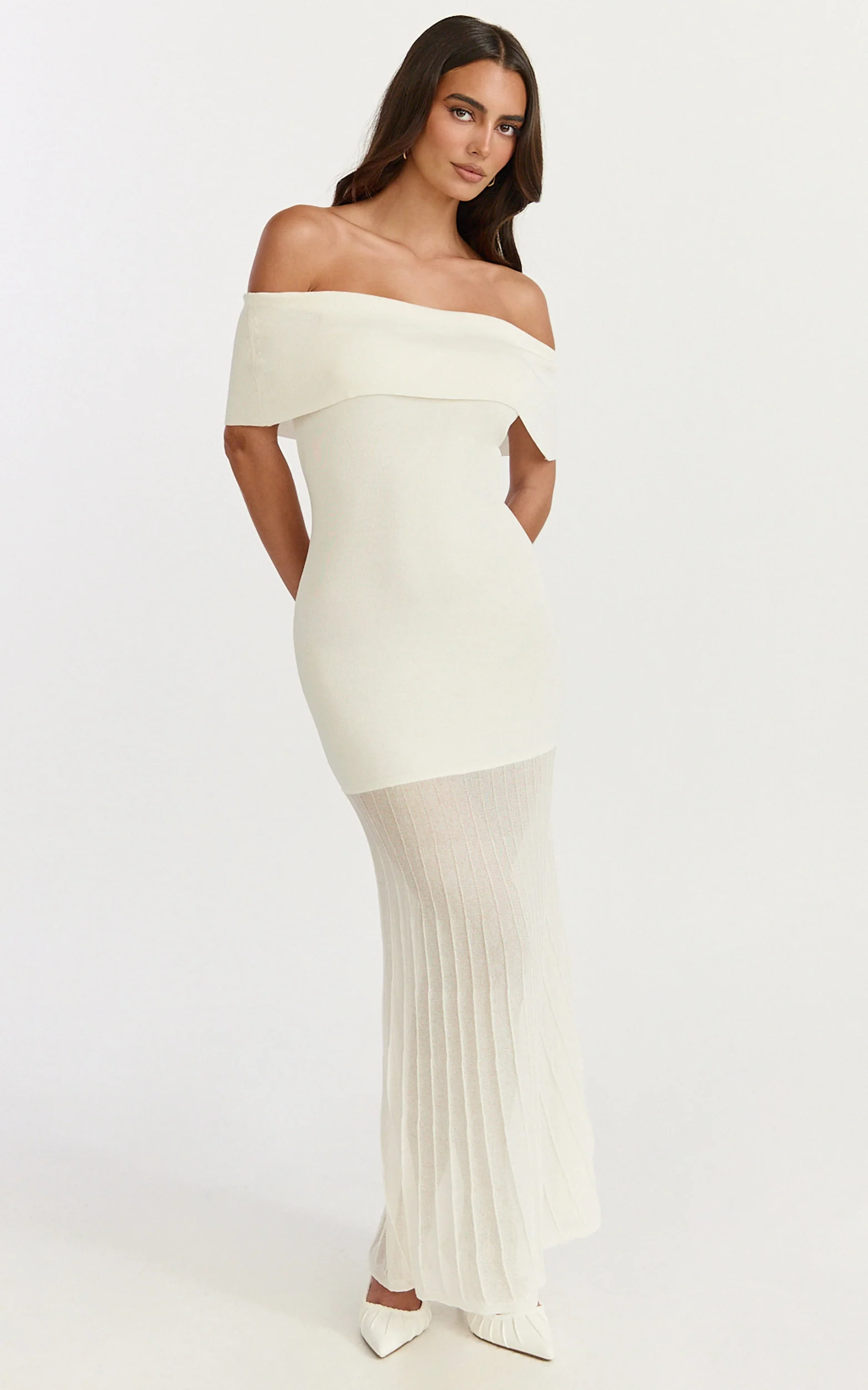 Paige Maxi Dress - Off The Shoulder Pleated Skirt Dress in White - Image 3