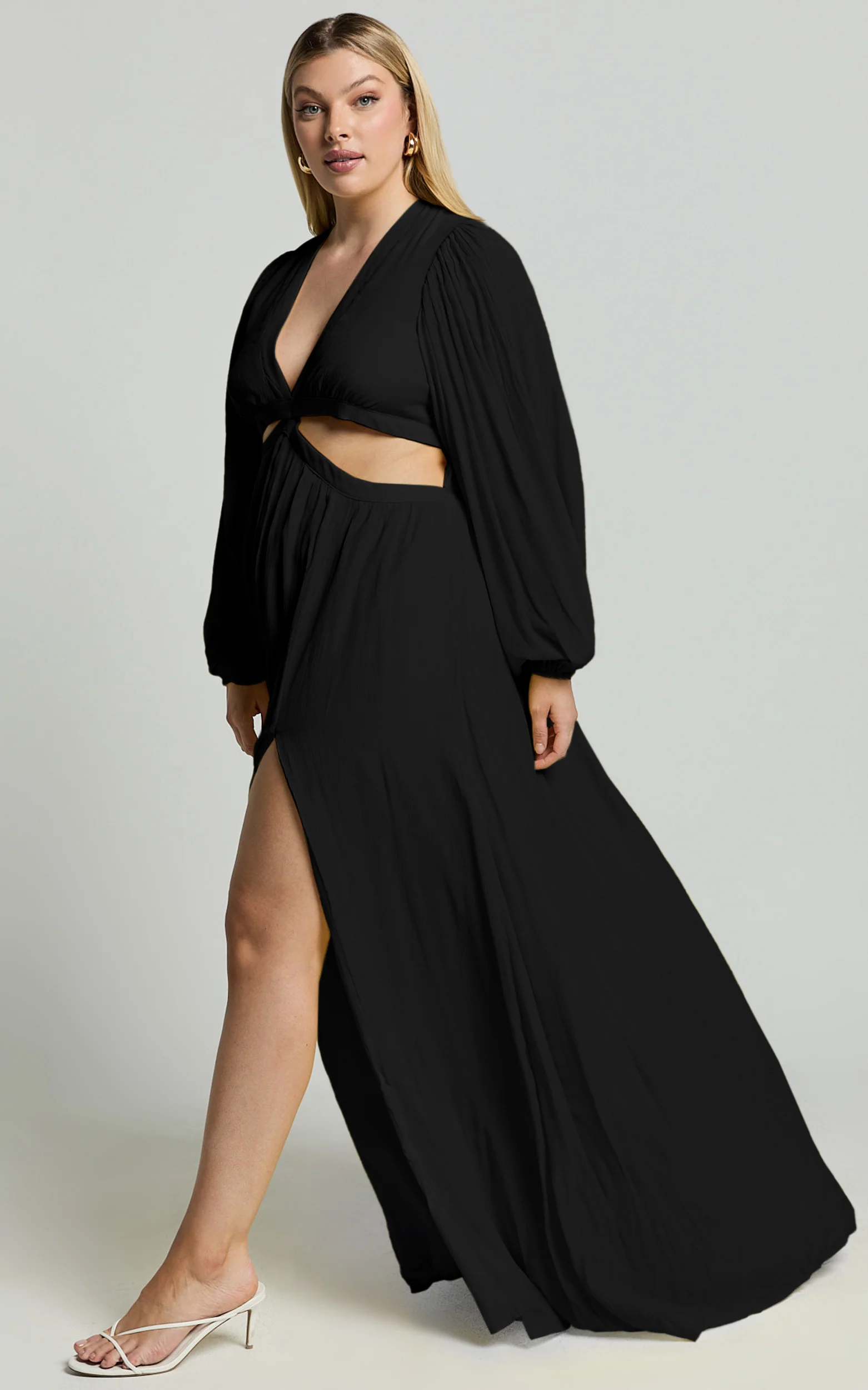 Paige Maxi Dress - Side Cut Out Balloon Sleeve Dress in Black - Image 3