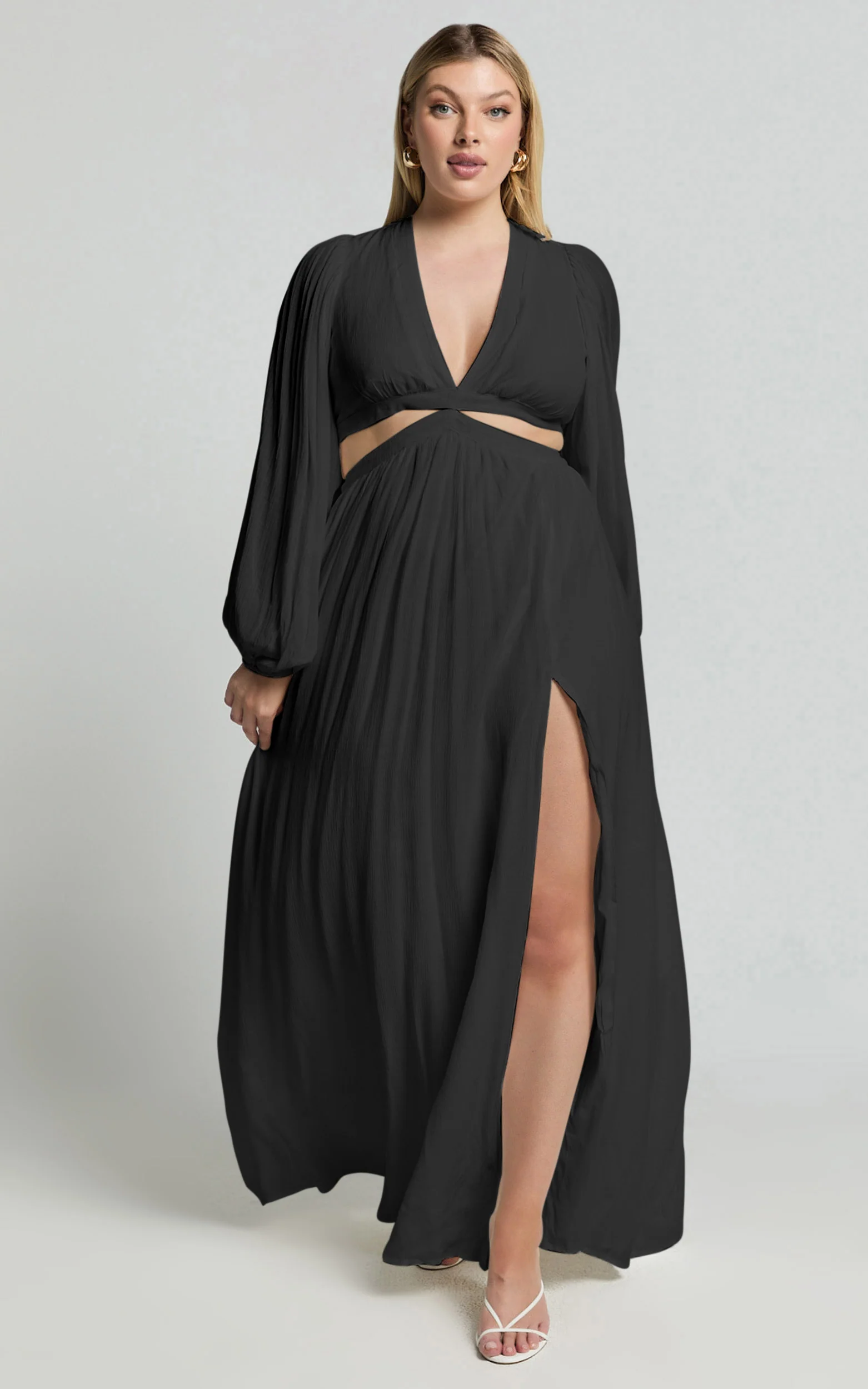 Paige Maxi Dress - Side Cut Out Balloon Sleeve Dress in Black - Image 4
