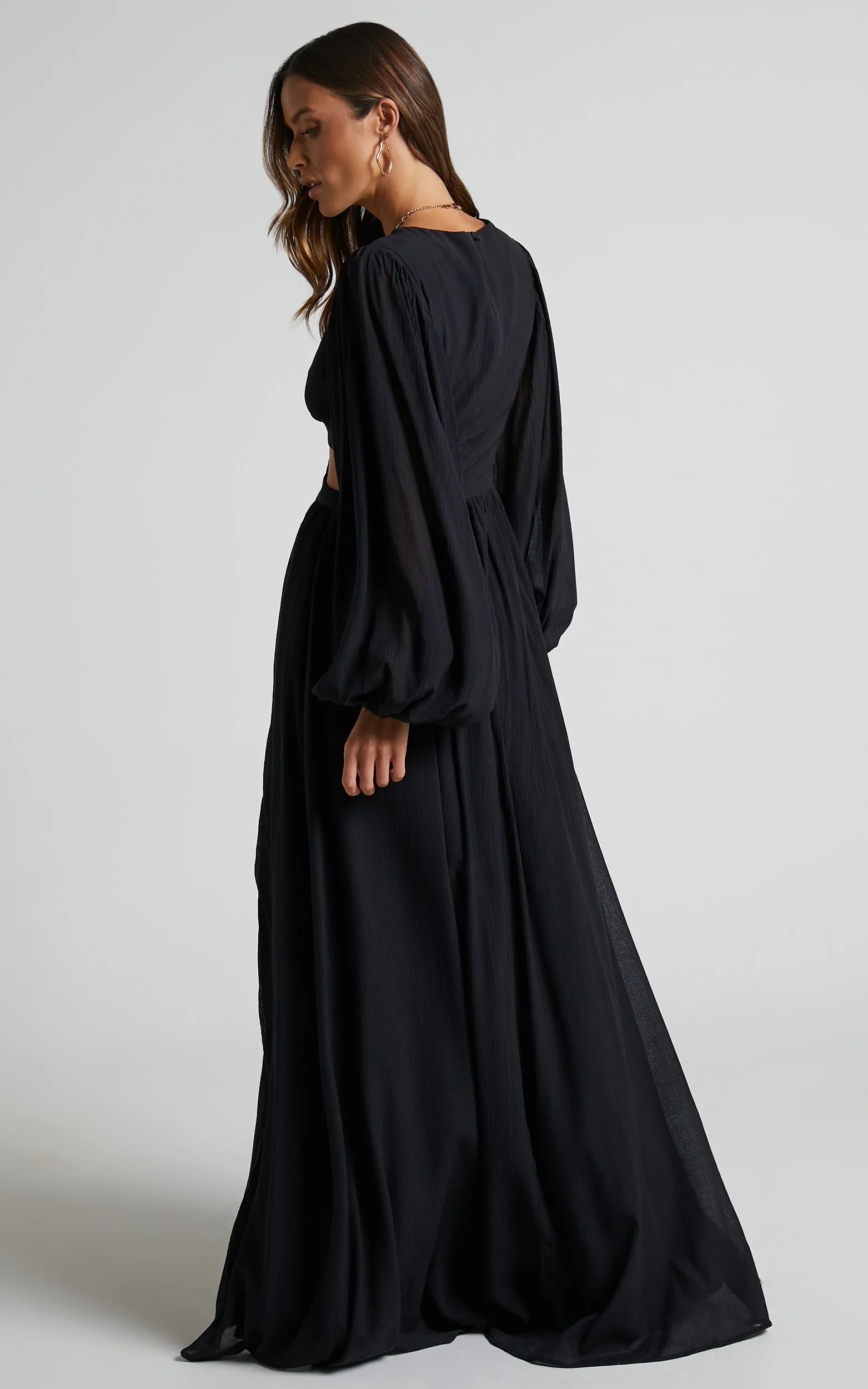 Paige Maxi Dress - Side Cut Out Balloon Sleeve Dress in Black - Image 9