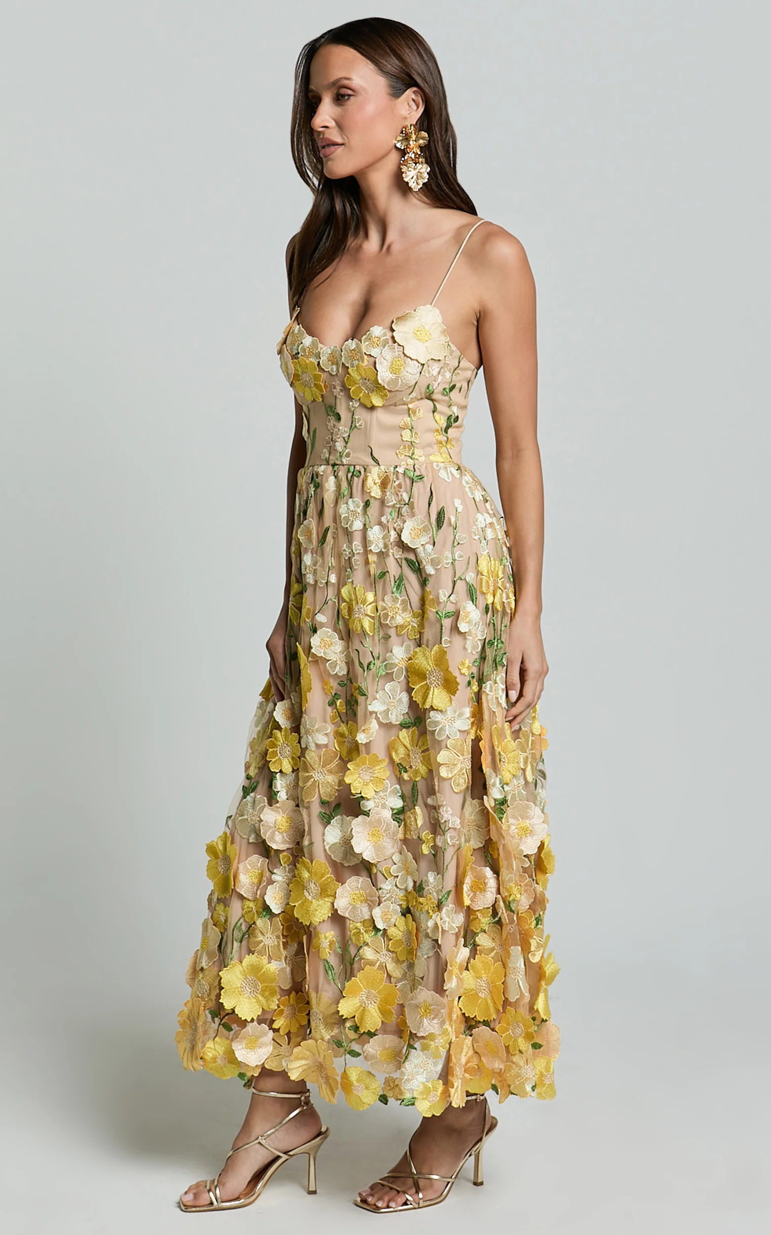 Amalie The Label - Mia Strappy Flower Detail Midi Dress in Yellow - Image 5