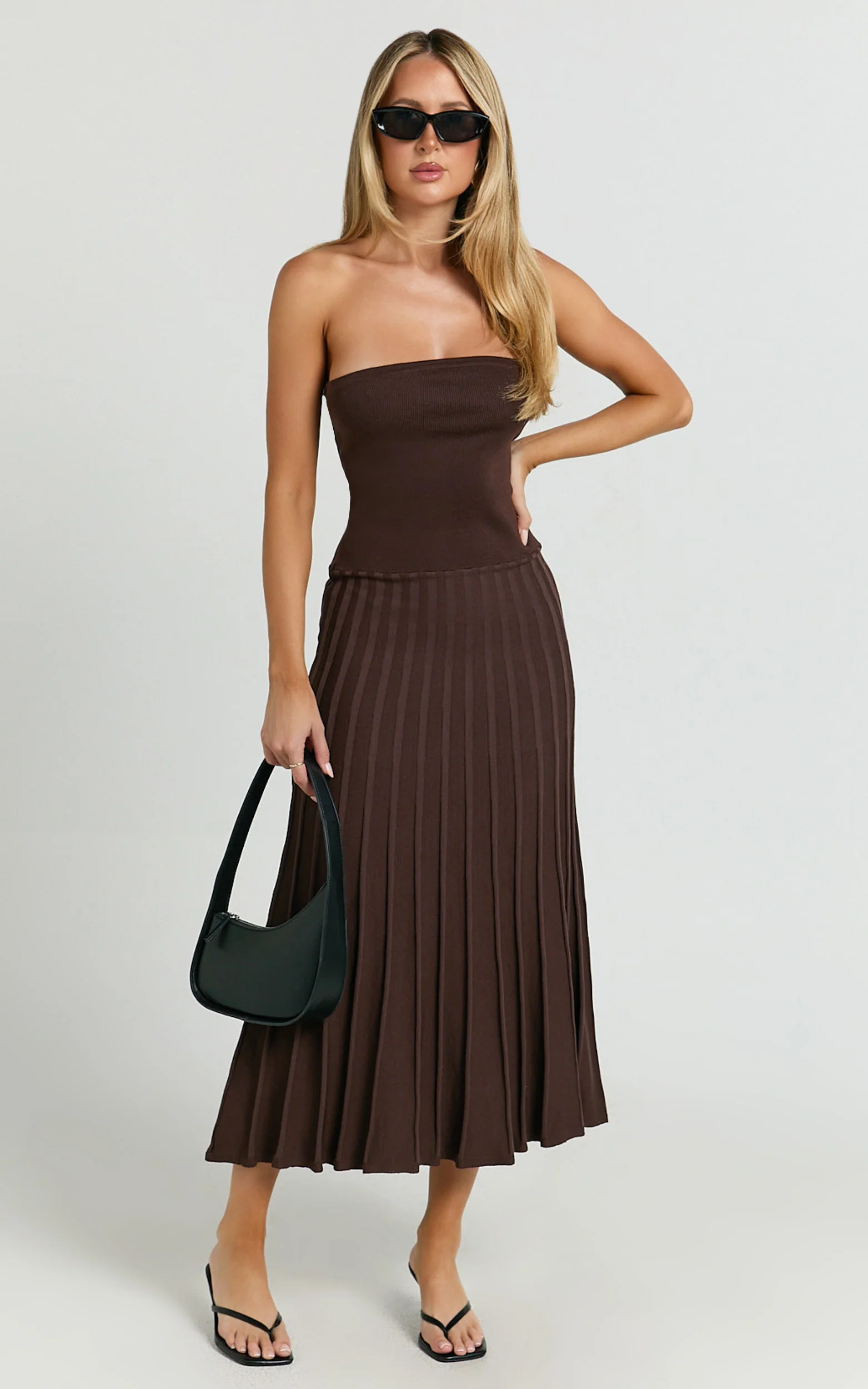Paris Midi Dress - Strapless Drop Waist Pleated Knit Dress in Chocolate - Image 3