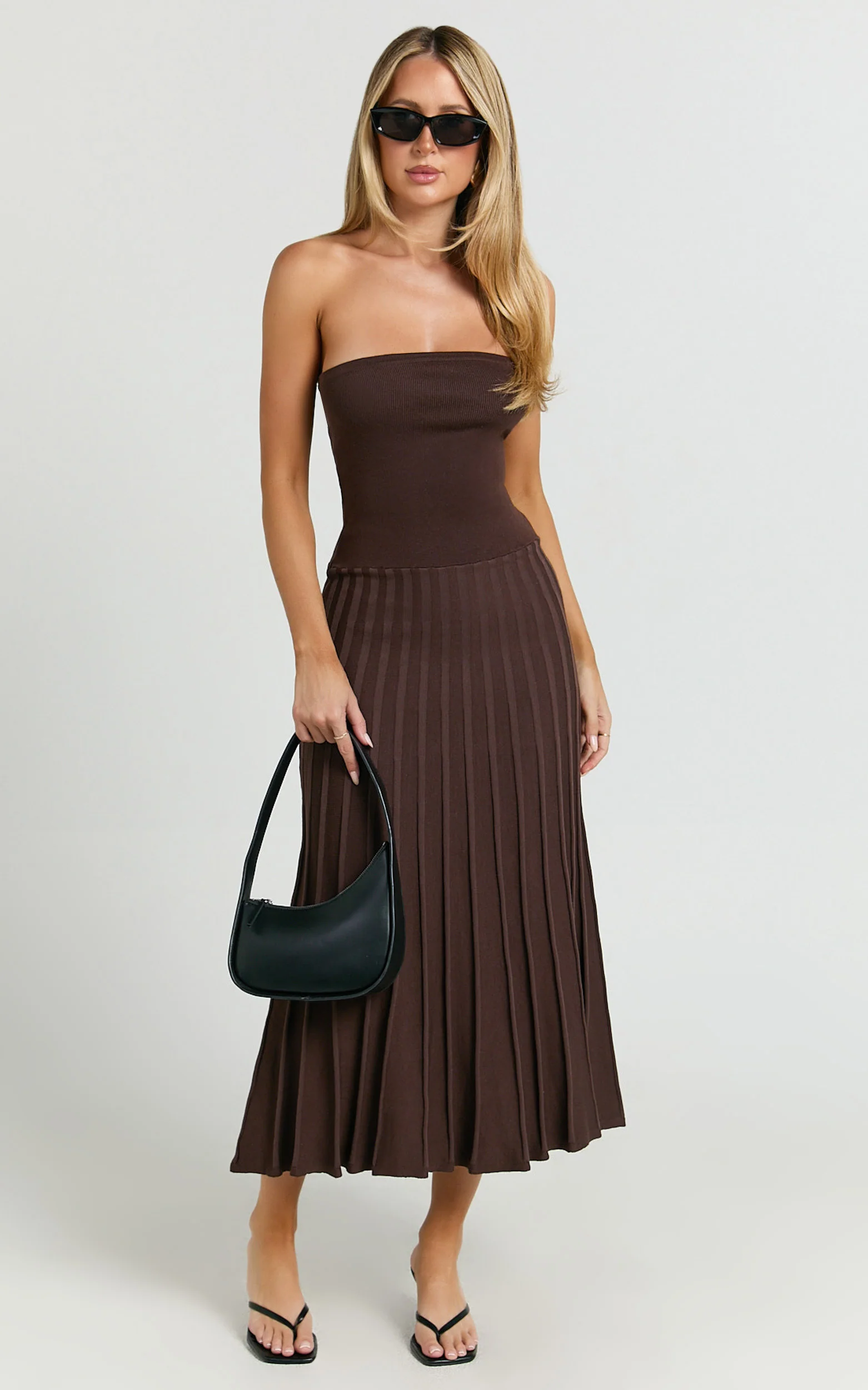 Paris Midi Dress - Strapless Drop Waist Pleated Knit Dress in Chocolate - Image 4