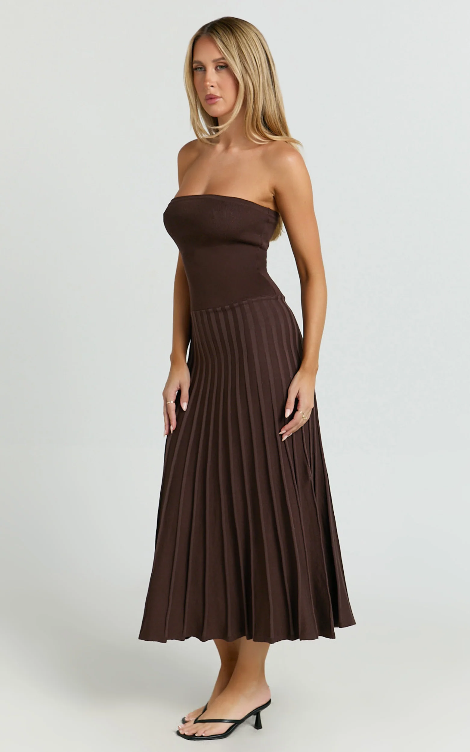 Paris Midi Dress - Strapless Drop Waist Pleated Knit Dress in Chocolate - Image 5