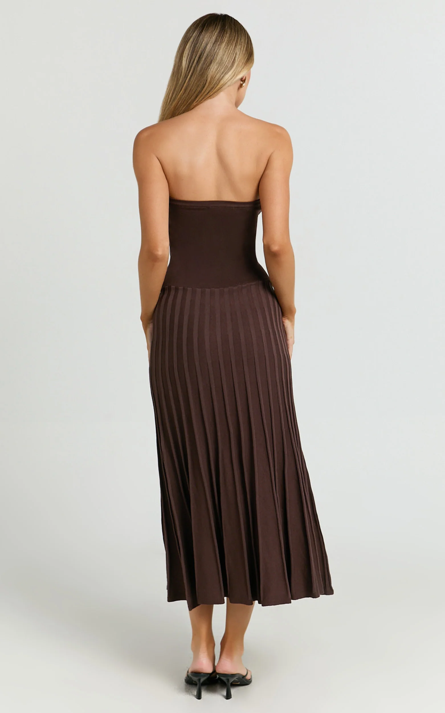 Paris Midi Dress - Strapless Drop Waist Pleated Knit Dress in Chocolate - Image 6