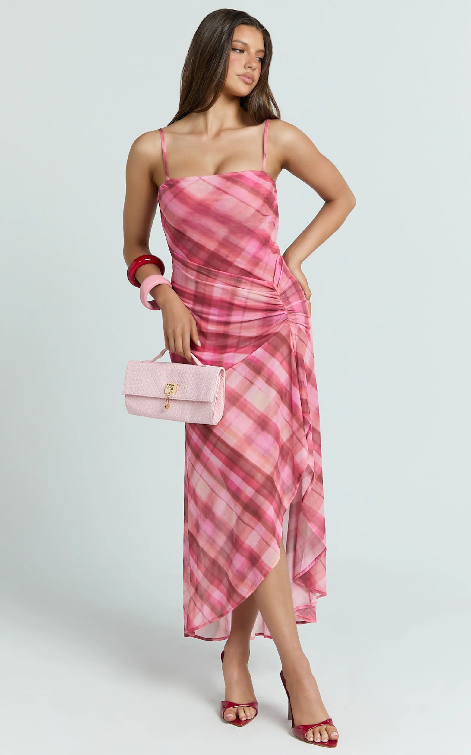 Pascal Midi Dress - Mesh Spaghetti Strap Split Dress in Cherry Check Print - Image 3