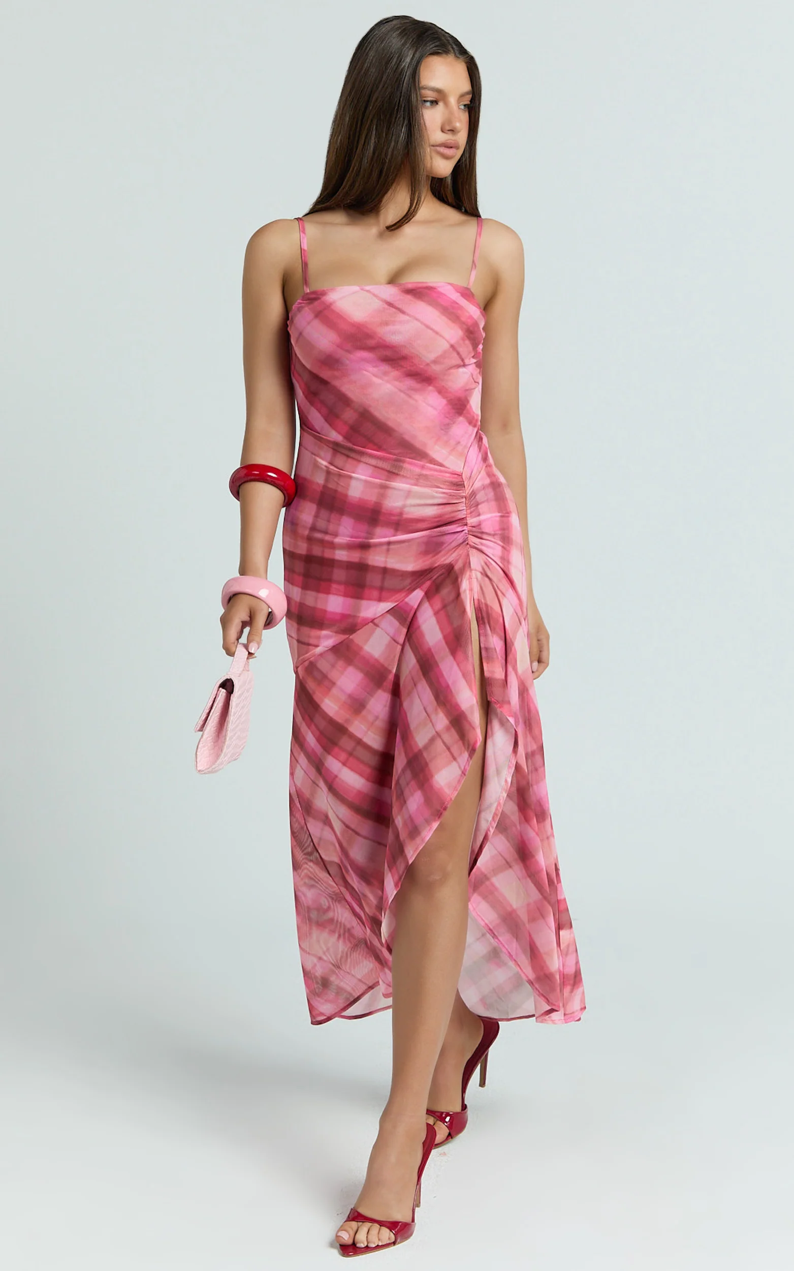 Pascal Midi Dress - Mesh Spaghetti Strap Split Dress in Cherry Check Print - Image 4