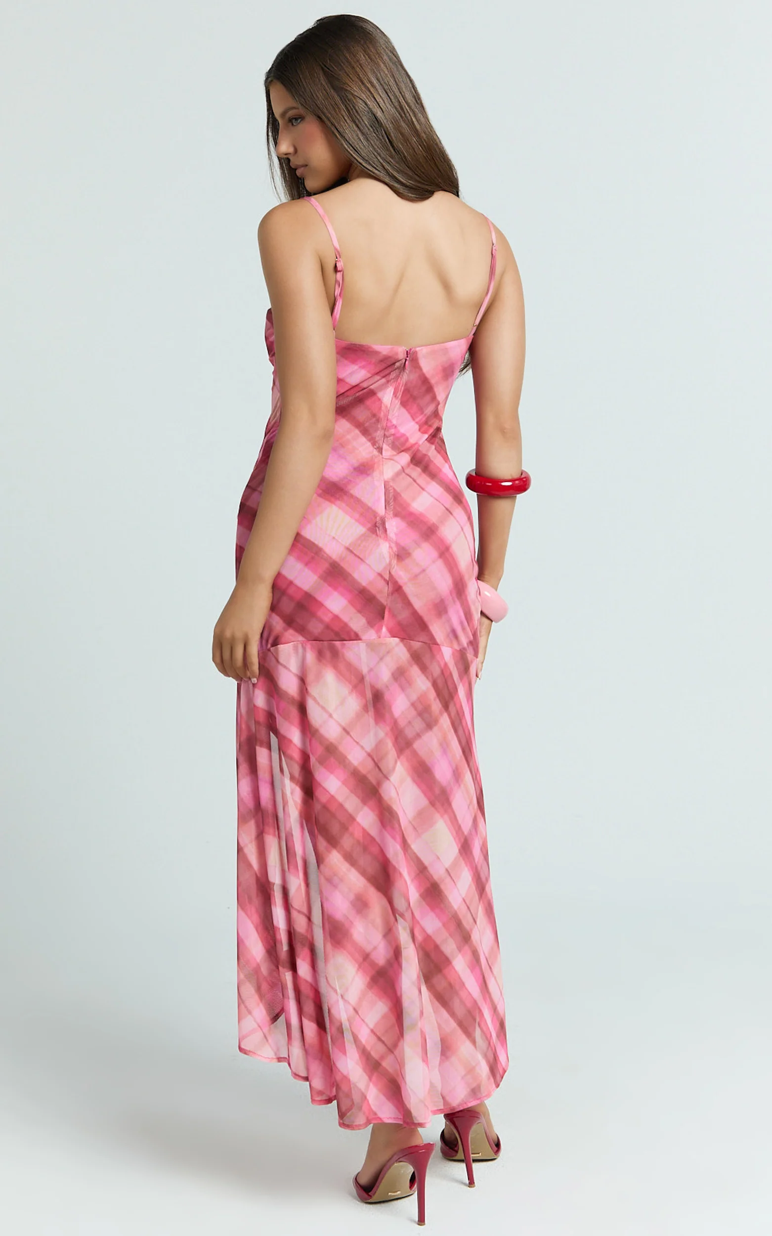 Pascal Midi Dress - Mesh Spaghetti Strap Split Dress in Cherry Check Print - Image 6