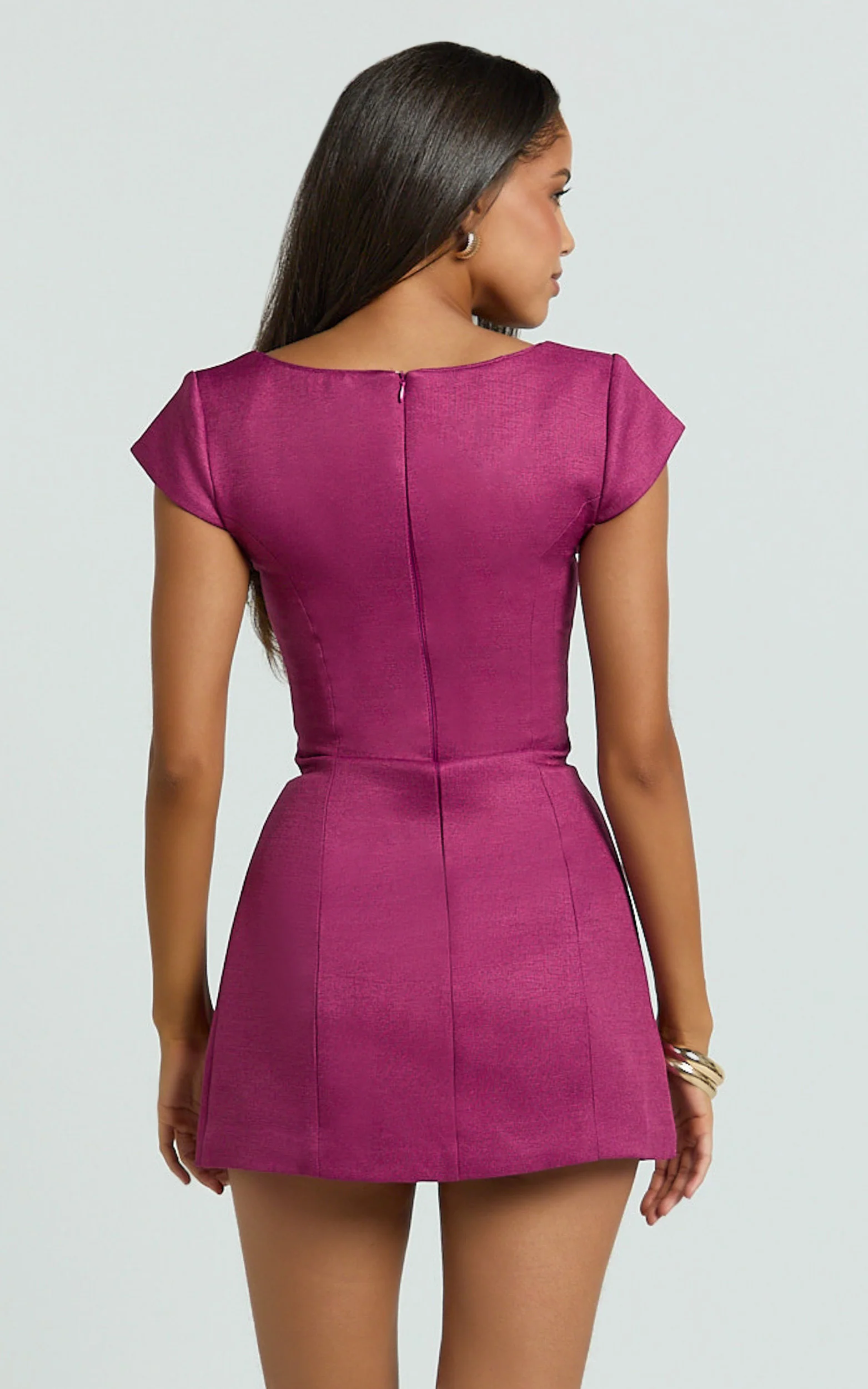 Patsy Mini Dress - Boucle Cap Sleeve Button Front Fitted Dress in Burgundy - Image 6