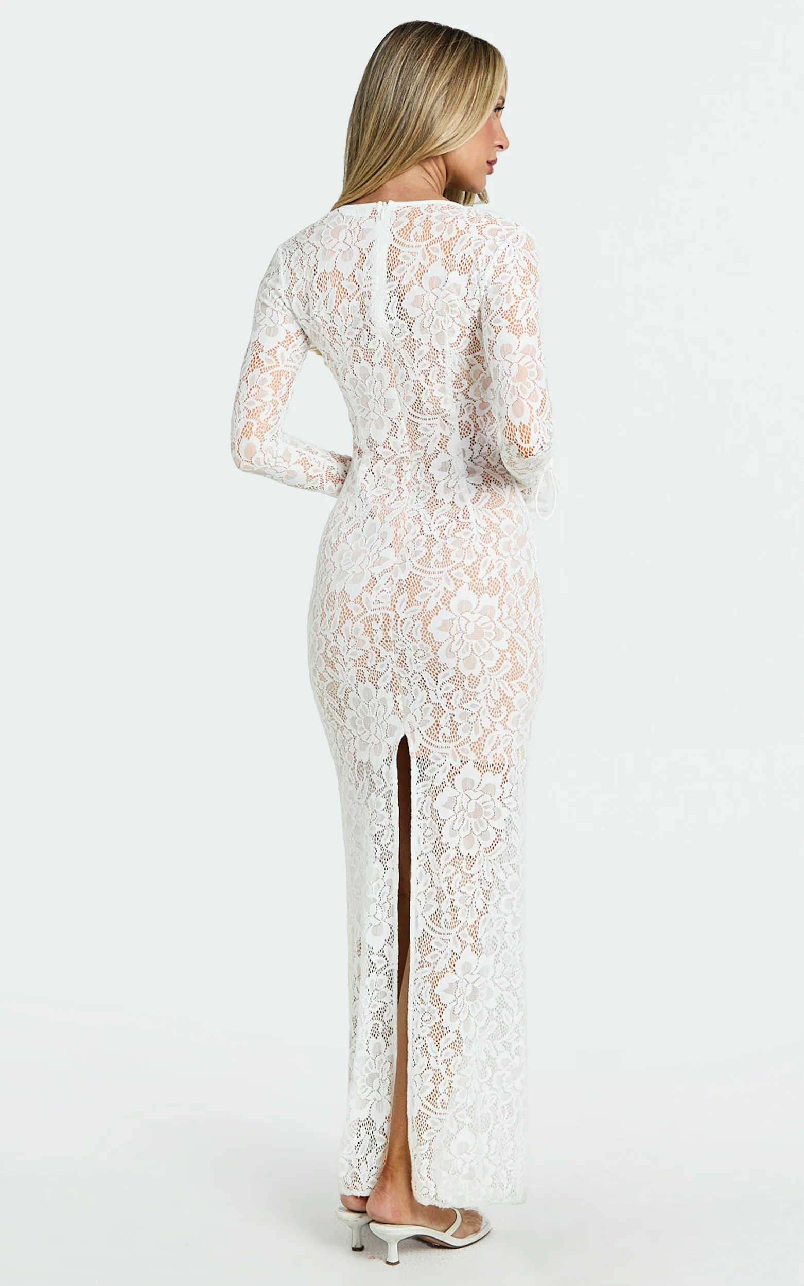 Paula Midi Dress - Lace V Neck Long Sleeve Column Dress in White - Image 8