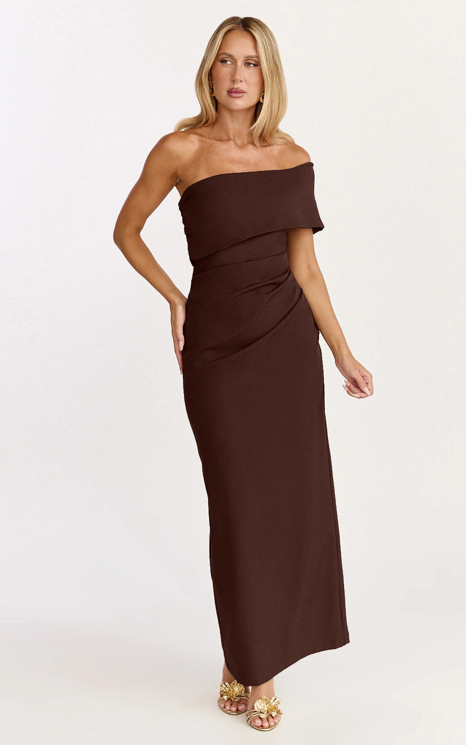 Pearce Maxi Dress - Gathered One Sleeve Bodycon Dress in Brown - Image 4