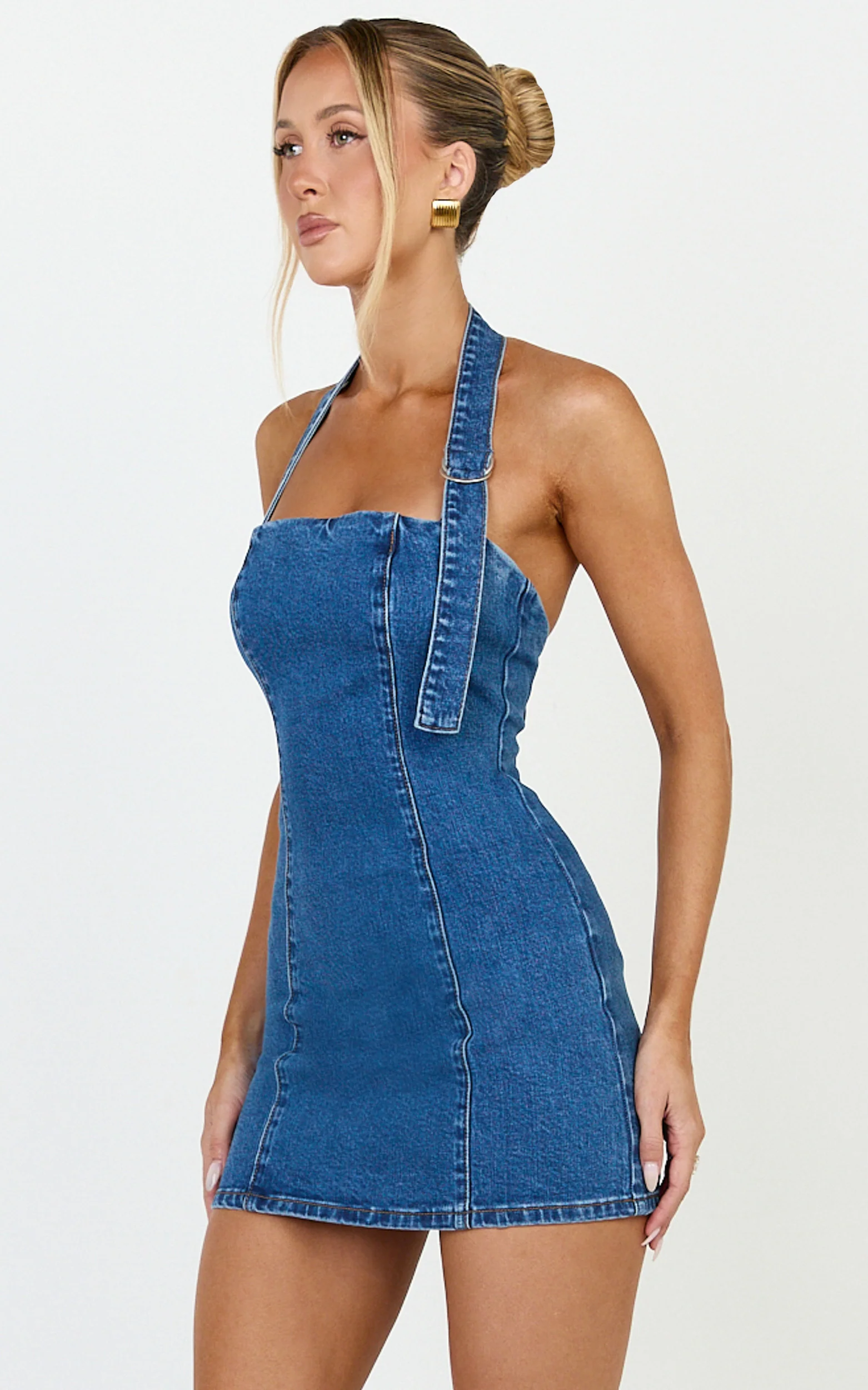 Peggy Mini Dress - Denim Buckle Halter Neck Fitted Dress in Dark Blue Wash - Image 3