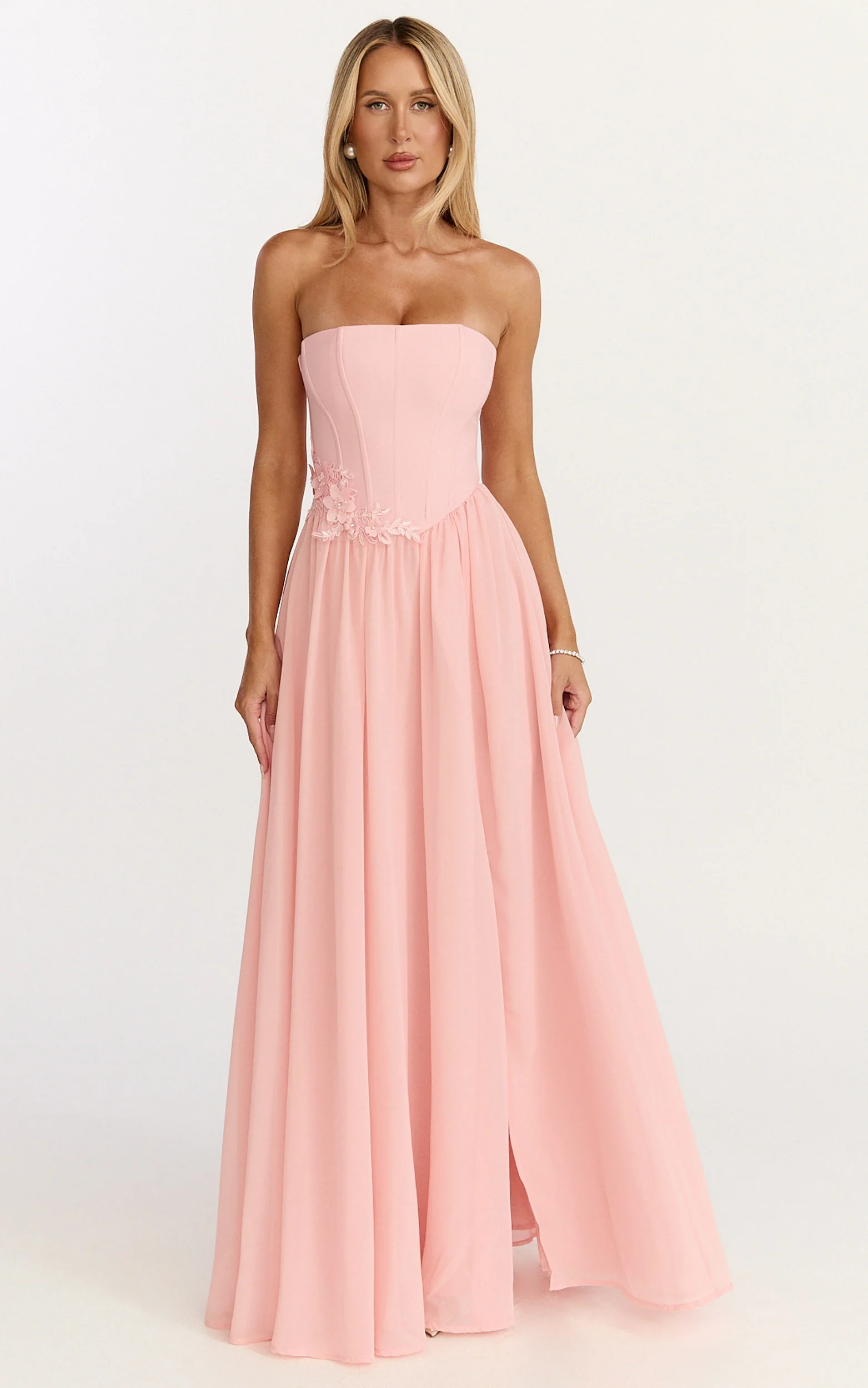Penny Maxi Dress - Strapless Corset Bodice Floral Embellished Dress in Soft Pink - Image 5