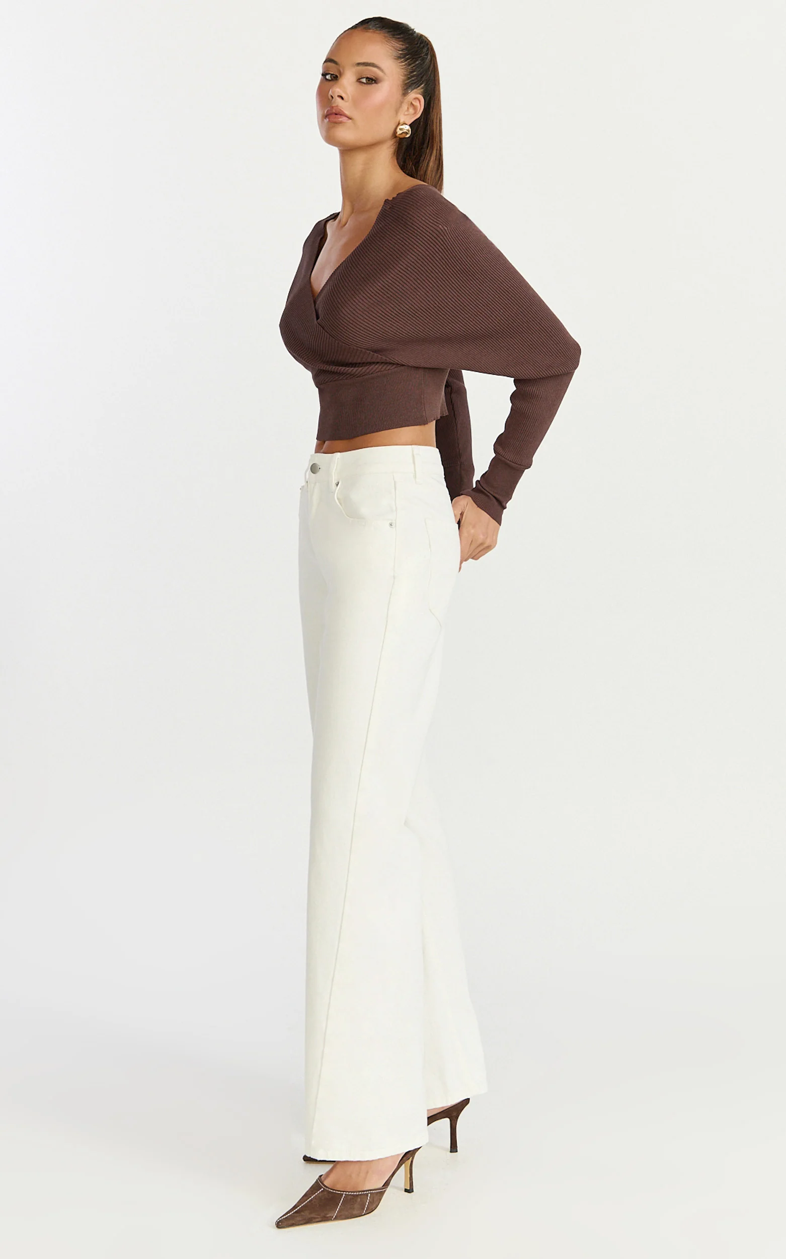 Petra Top - Long Sleeve Wrap Ribbed Knit Top in Chocolate - Image 4