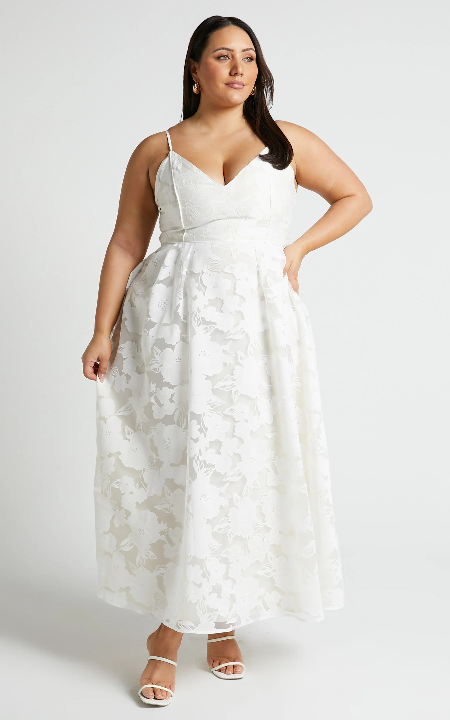 Philine Midi Dress - Jacquard Plunge Fit and Flare Dress in White - Image 2