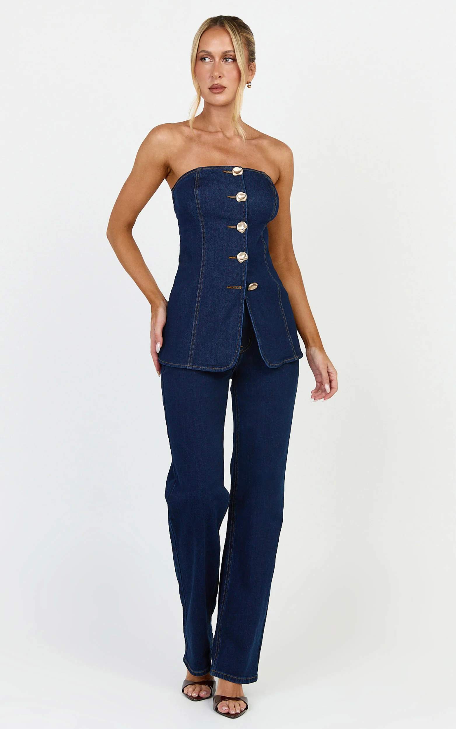 Phoebe Jeans - High Waist Straight Leg Stretch Denim Jeans in Dark Blue Wash - Image 2
