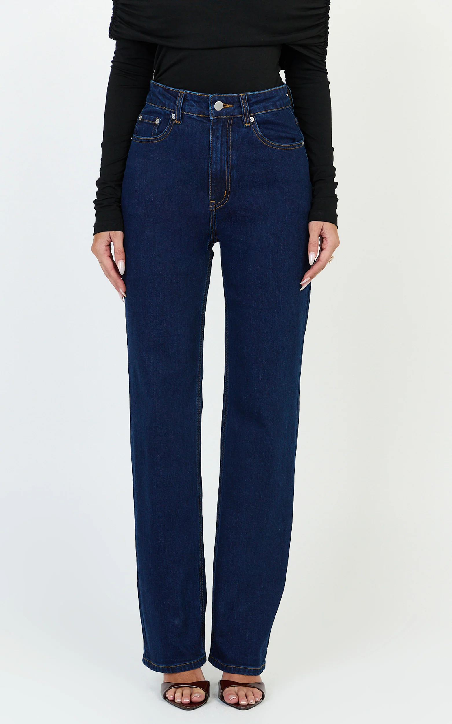 Phoebe Jeans - High Waist Straight Leg Stretch Denim Jeans in Dark Blue Wash - Image 3