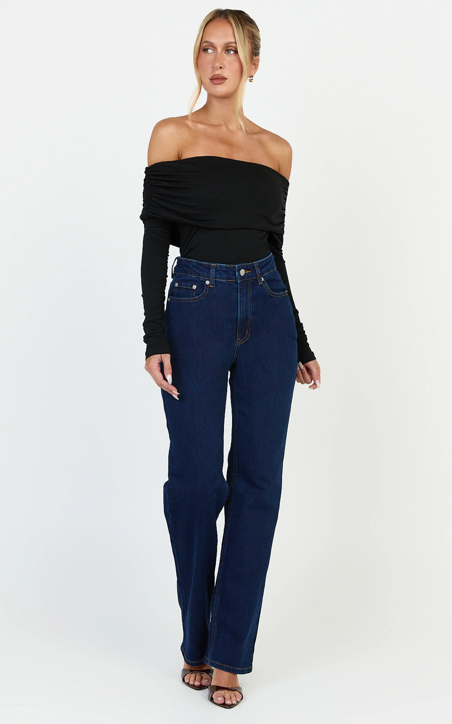 Phoebe Jeans - High Waist Straight Leg Stretch Denim Jeans in Dark Blue Wash - Image 4