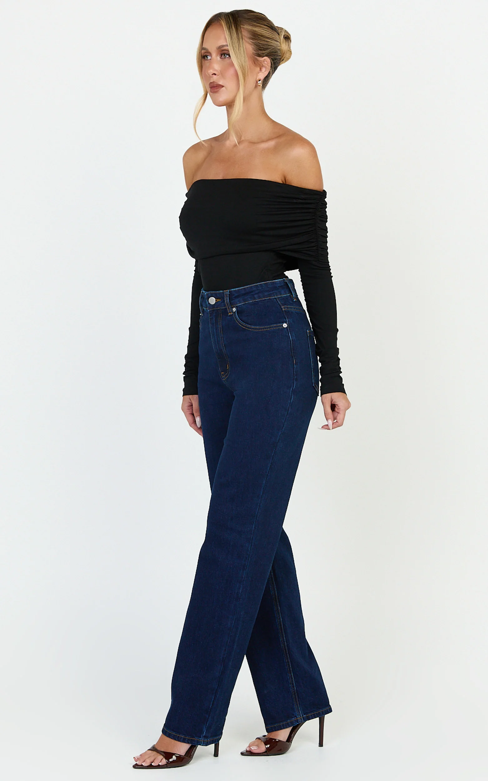 Phoebe Jeans - High Waist Straight Leg Stretch Denim Jeans in Dark Blue Wash - Image 5