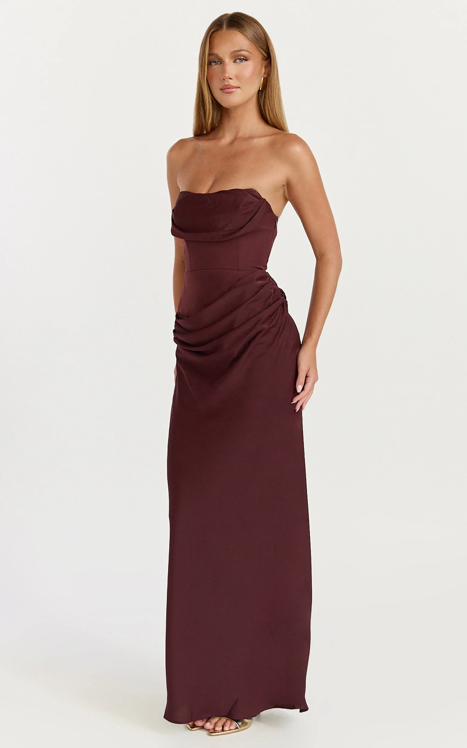 Phoebe Maxi Dress - Strapless Structured Bodice Drape Skirt Dress in Plum - Image 4