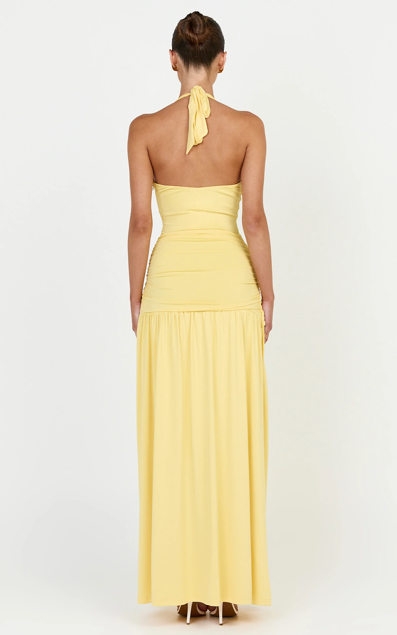 Phoenix Maxi Dress - Halter Neck Gold Trim Jersey Dress in Yellow - Image 5